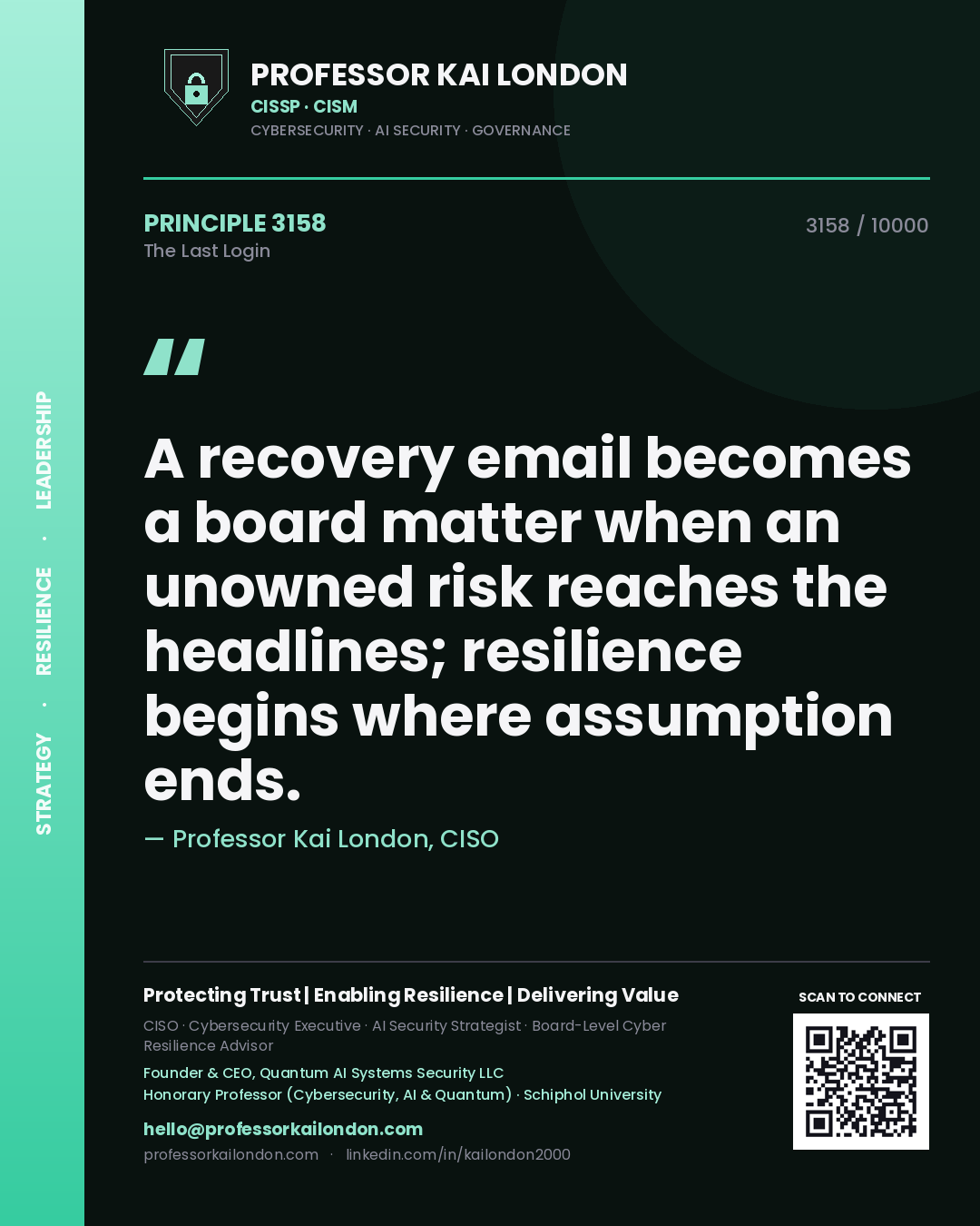 Quote card by Professor Kai London reading 'A recovery email becomes a board matter when an unowned risk reaches the headlines; resilience begins where assumption ends.'. From the book The Last Login.