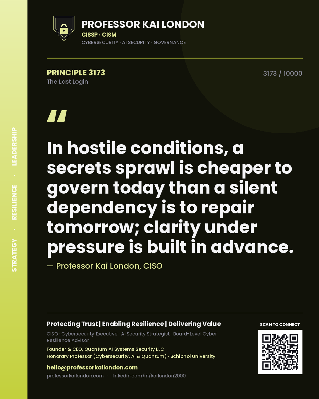 Professor Kai London principle 3173: In hostile conditions, a secrets sprawl is cheaper to govern today than a silent dependency is to repair tomorrow; clarity under pressure is built in advance.
