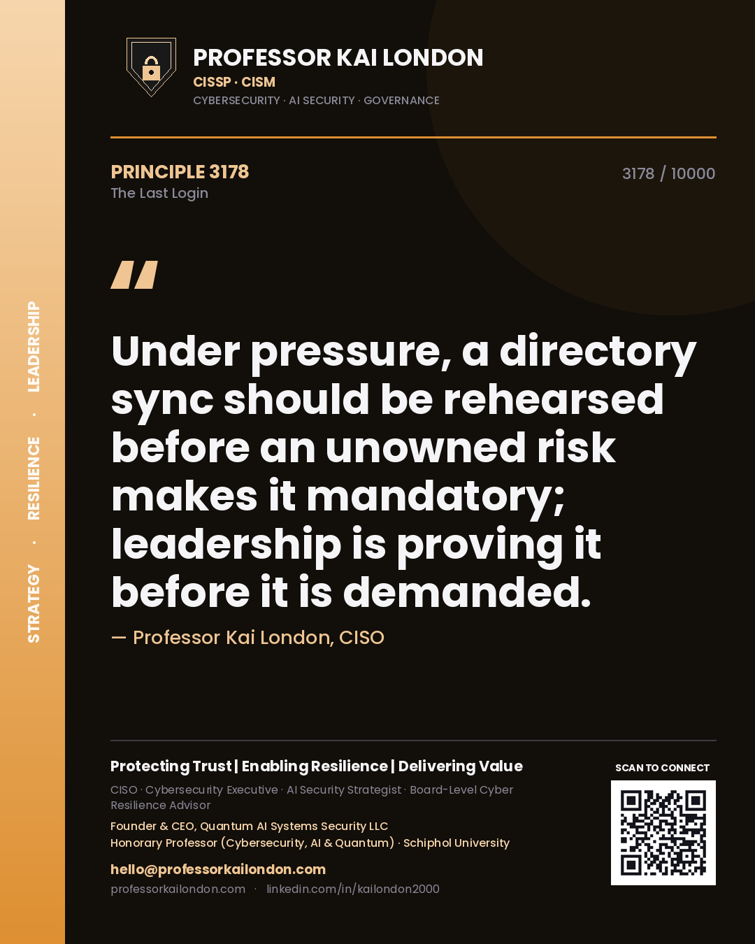 Quote card by Professor Kai London reading 'Under pressure, a directory sync should be rehearsed before an unowned risk makes it mandatory; leadership is proving it before it is demanded.'. From the book The Last Login.
