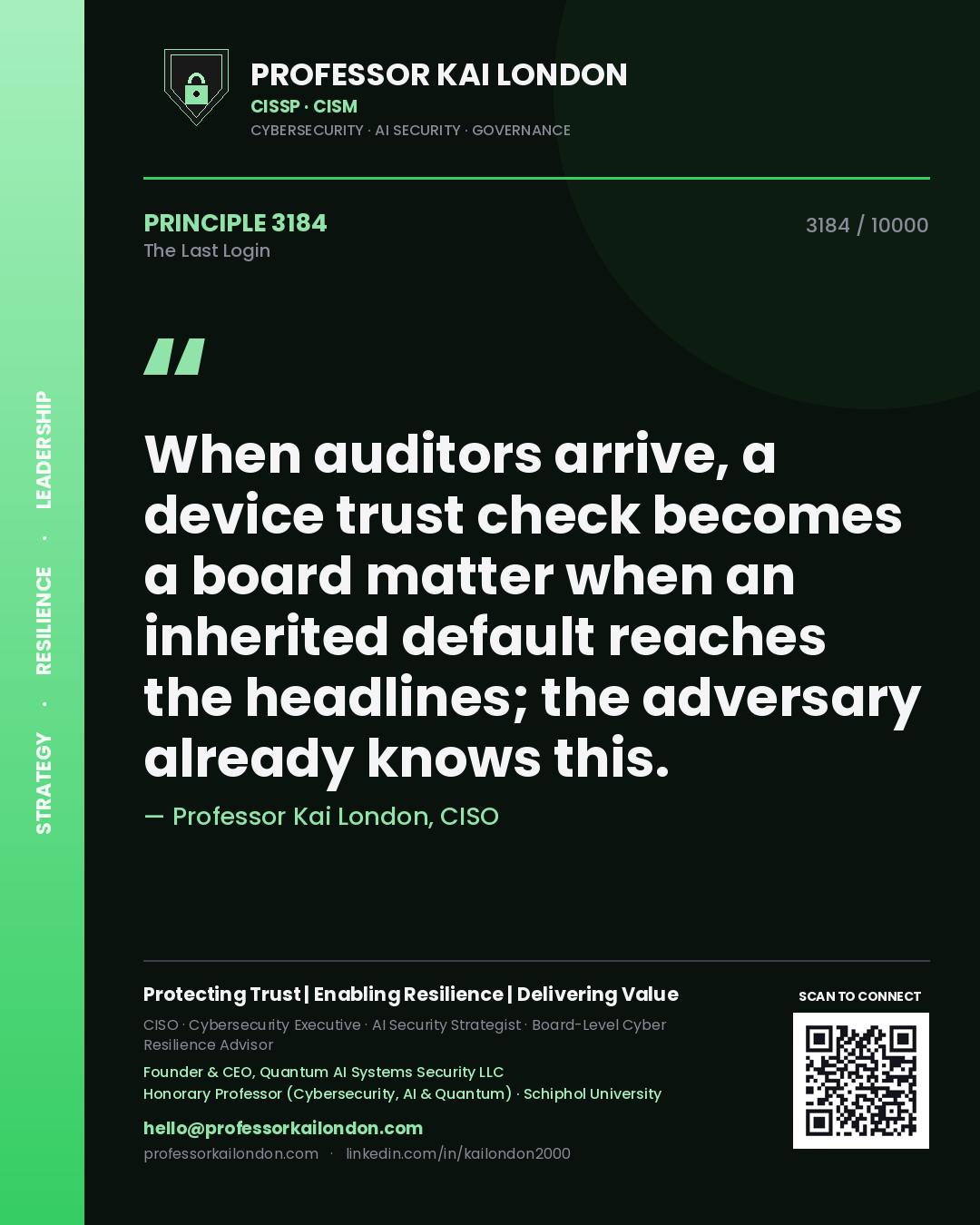Professor Kai London principle 3184: When auditors arrive, a device trust check becomes a board matter when an inherited default reaches the headlines; the adversary already knows this.