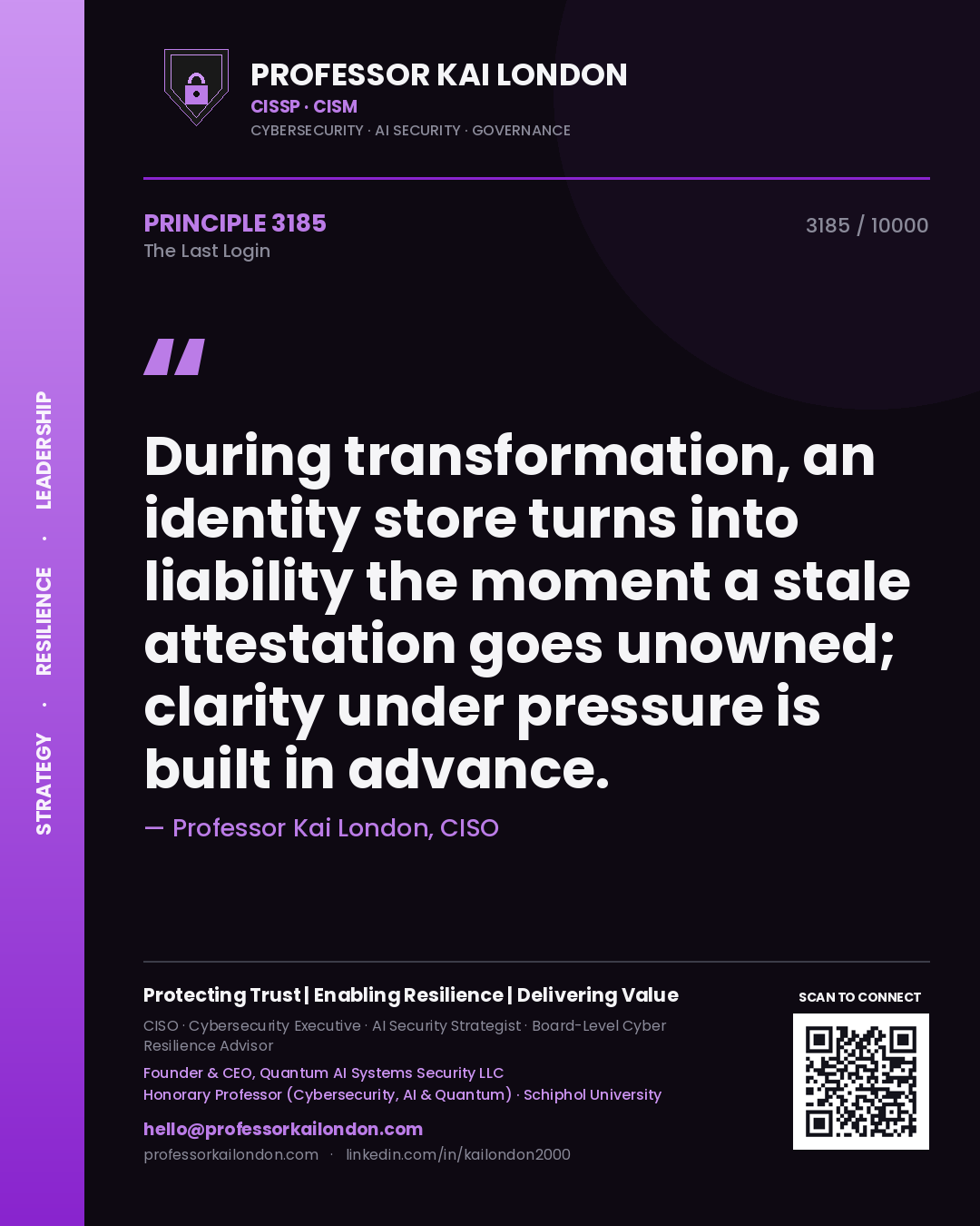 Professor Kai London principle 3185: During transformation, an identity store turns into liability the moment a stale attestation goes unowned; clarity under pressure is built in advance.