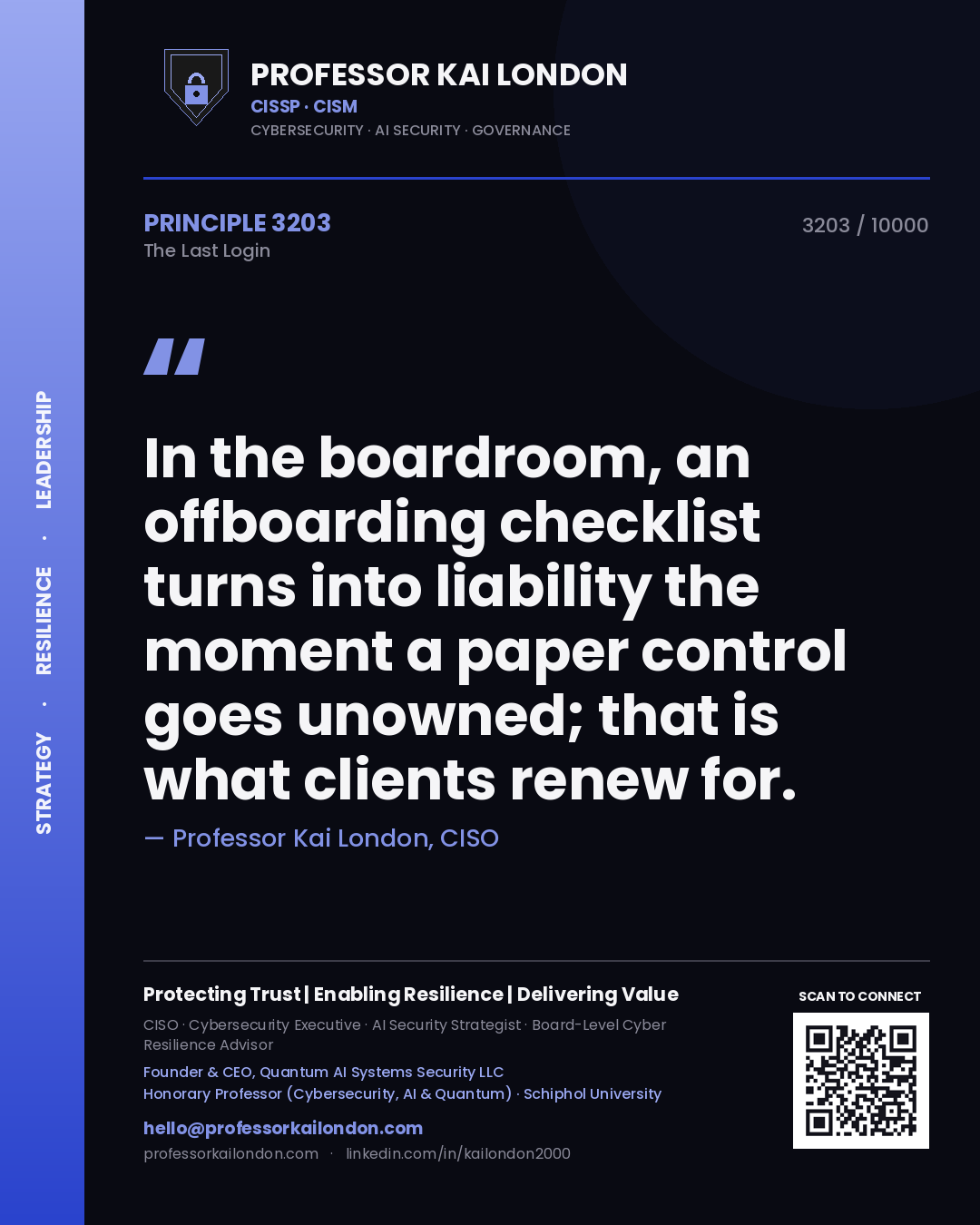 Professor Kai London principle 3203: In the boardroom, an offboarding checklist turns into liability the moment a paper control goes unowned; that is what clients renew for.