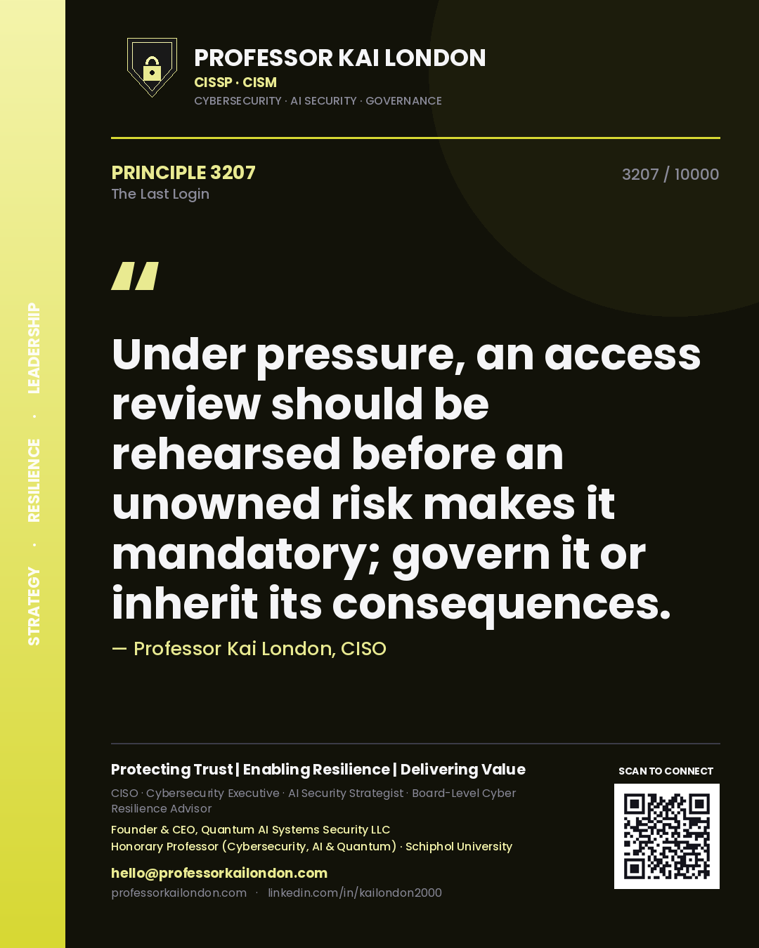 Quote card by Professor Kai London reading 'Under pressure, an access review should be rehearsed before an unowned risk makes it mandatory; govern it or inherit its consequences.'. From the book The Last Login.