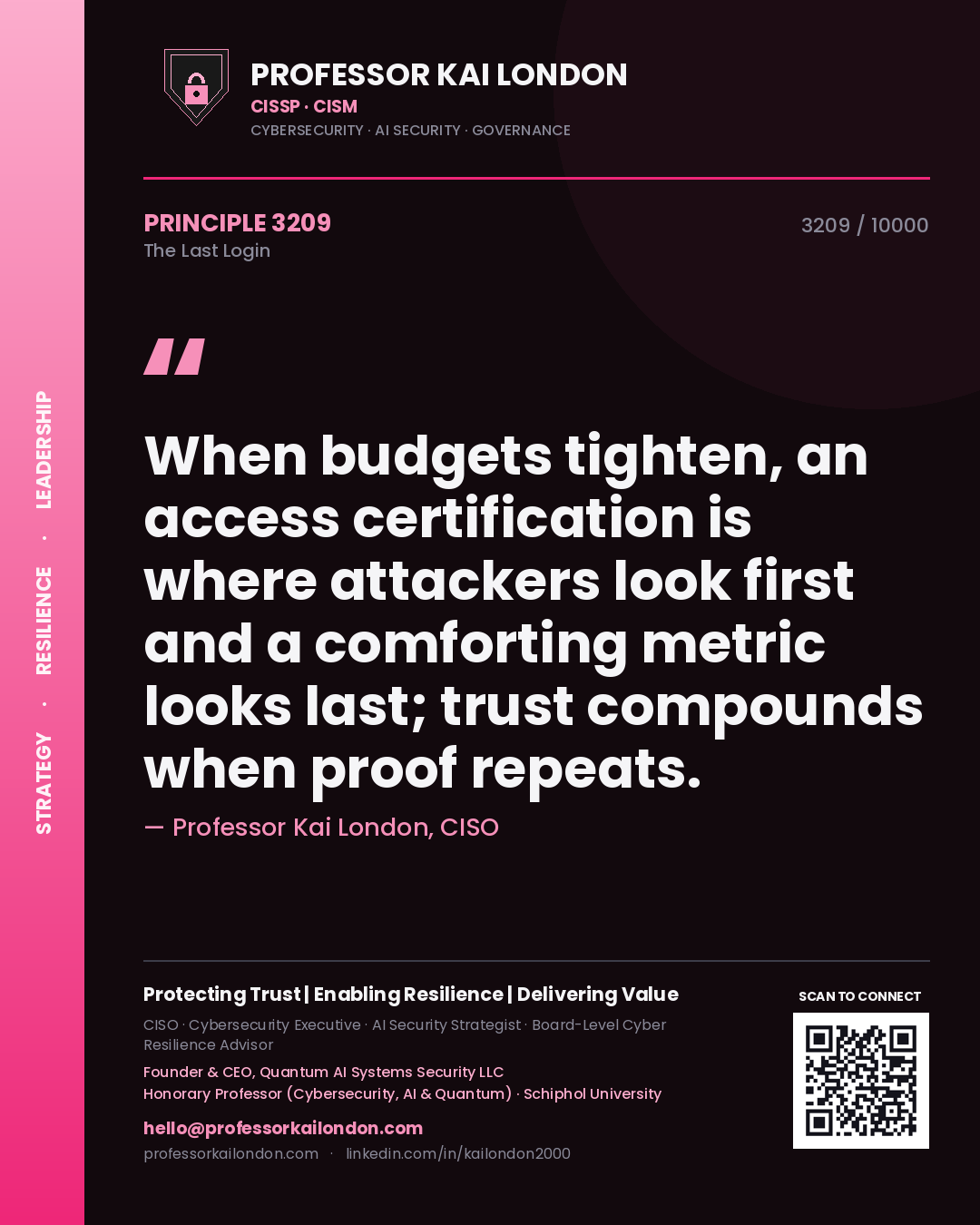 Professor Kai London principle 3209: When budgets tighten, an access certification is where attackers look first and a comforting metric looks last; trust compounds when proof repeats.