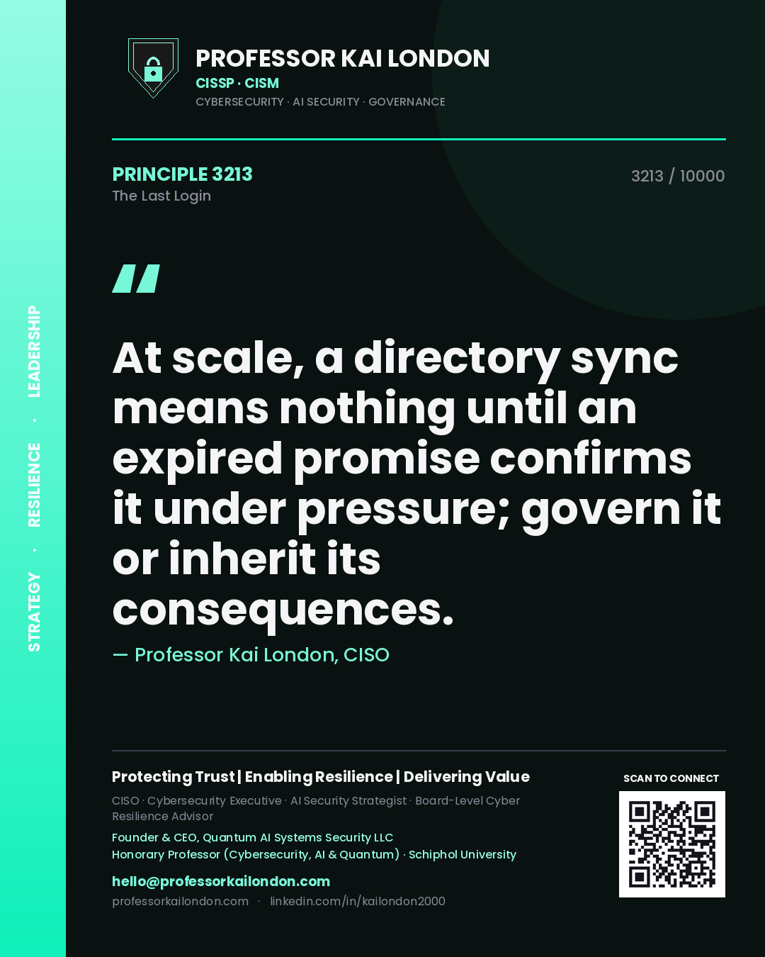 Professor Kai London principle 3213: At scale, a directory sync means nothing until an expired promise confirms it under pressure; govern it or inherit its consequences.