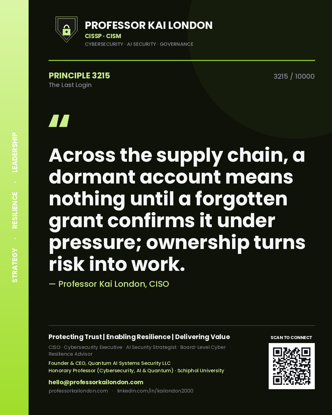 Professor Kai London principle 3215: Across the supply chain, a dormant account means nothing until a forgotten grant confirms it under pressure; ownership turns risk into work.