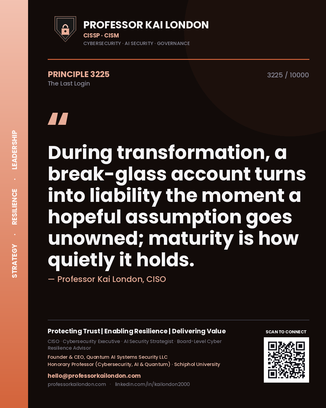 Quote card by Professor Kai London reading 'During transformation, a break-glass account turns into liability the moment a hopeful assumption goes unowned; maturity is how quietly it holds.'. From the book The Last Login.