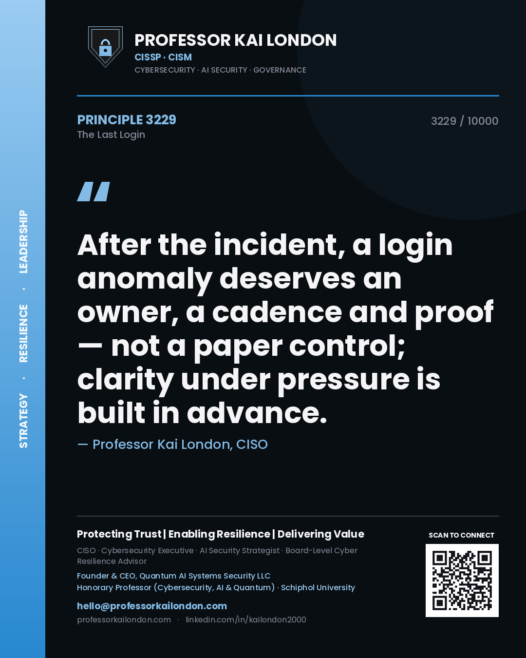 Professor Kai London principle 3229: After the incident, a login anomaly deserves an owner, a cadence and proof — not a paper control; clarity under pressure is built in advance.