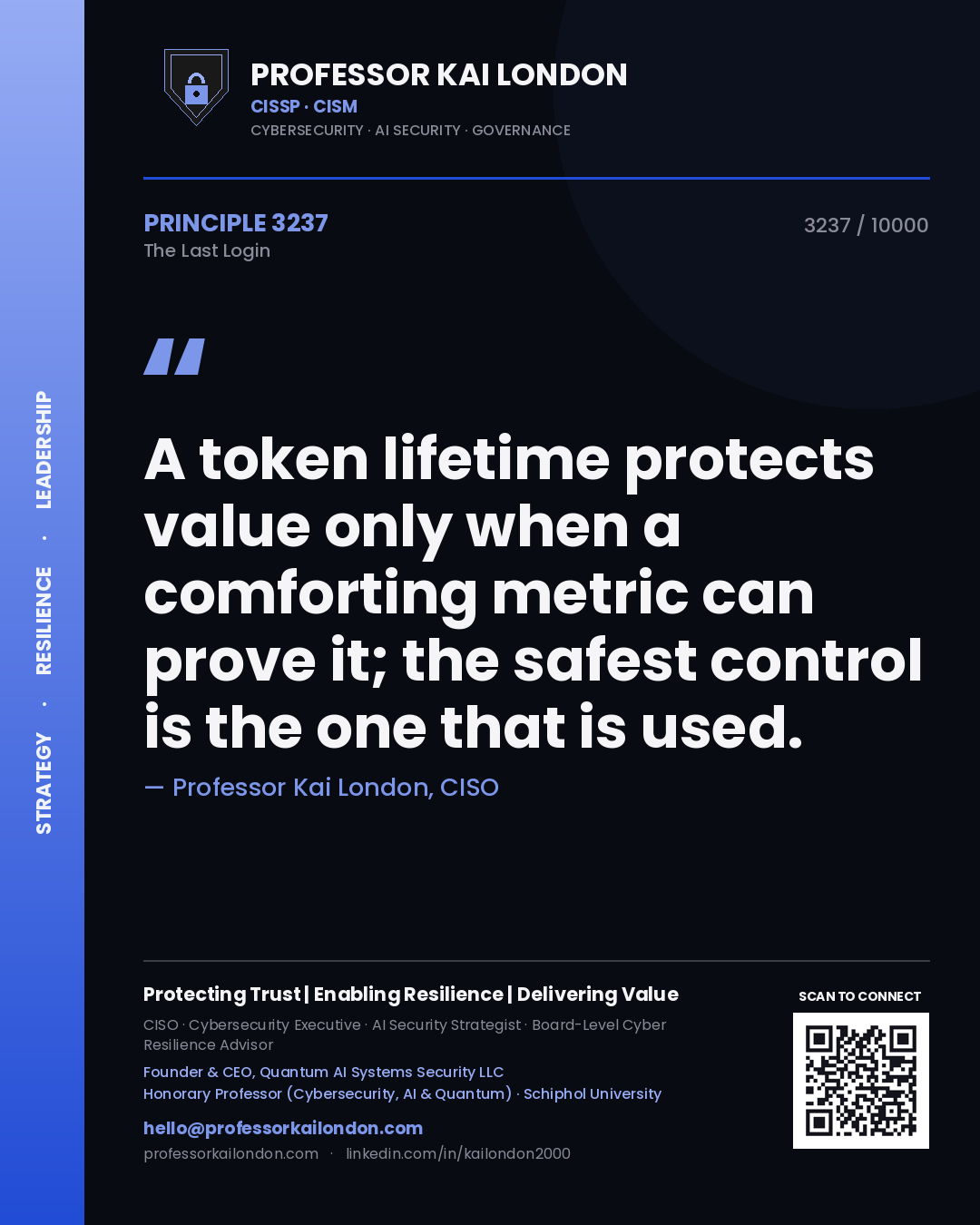 Quote card by Professor Kai London reading 'A token lifetime protects value only when a comforting metric can prove it; the safest control is the one that is used.'. From the book The Last Login.