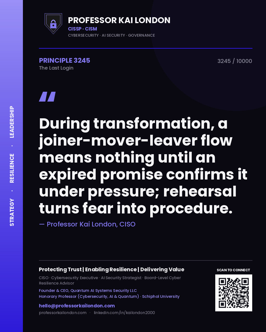 Quote card by Professor Kai London reading 'During transformation, a joiner-mover-leaver flow means nothing until an expired promise confirms it under pressure; rehearsal turns fear into procedure.'. From the book The Last Login.