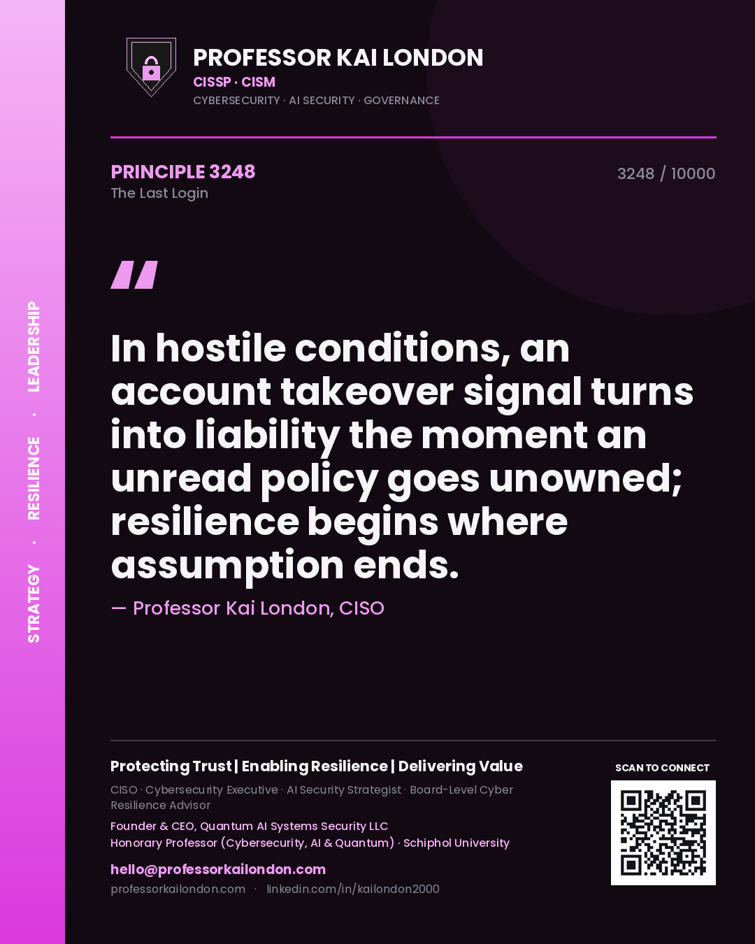 Quote card by Professor Kai London reading 'In hostile conditions, an account takeover signal turns into liability the moment an unread policy goes unowned; resilience begins where assumption ends.'. From the book The Last Login.
