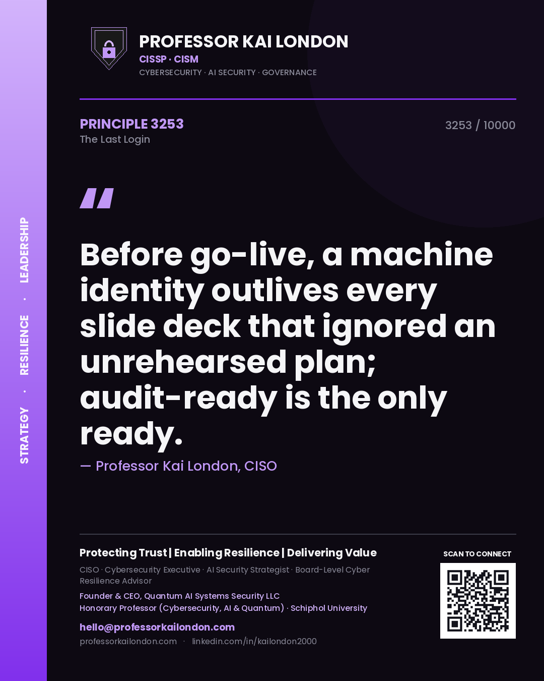 Professor Kai London principle 3253: Before go-live, a machine identity outlives every slide deck that ignored an unrehearsed plan; audit-ready is the only ready.