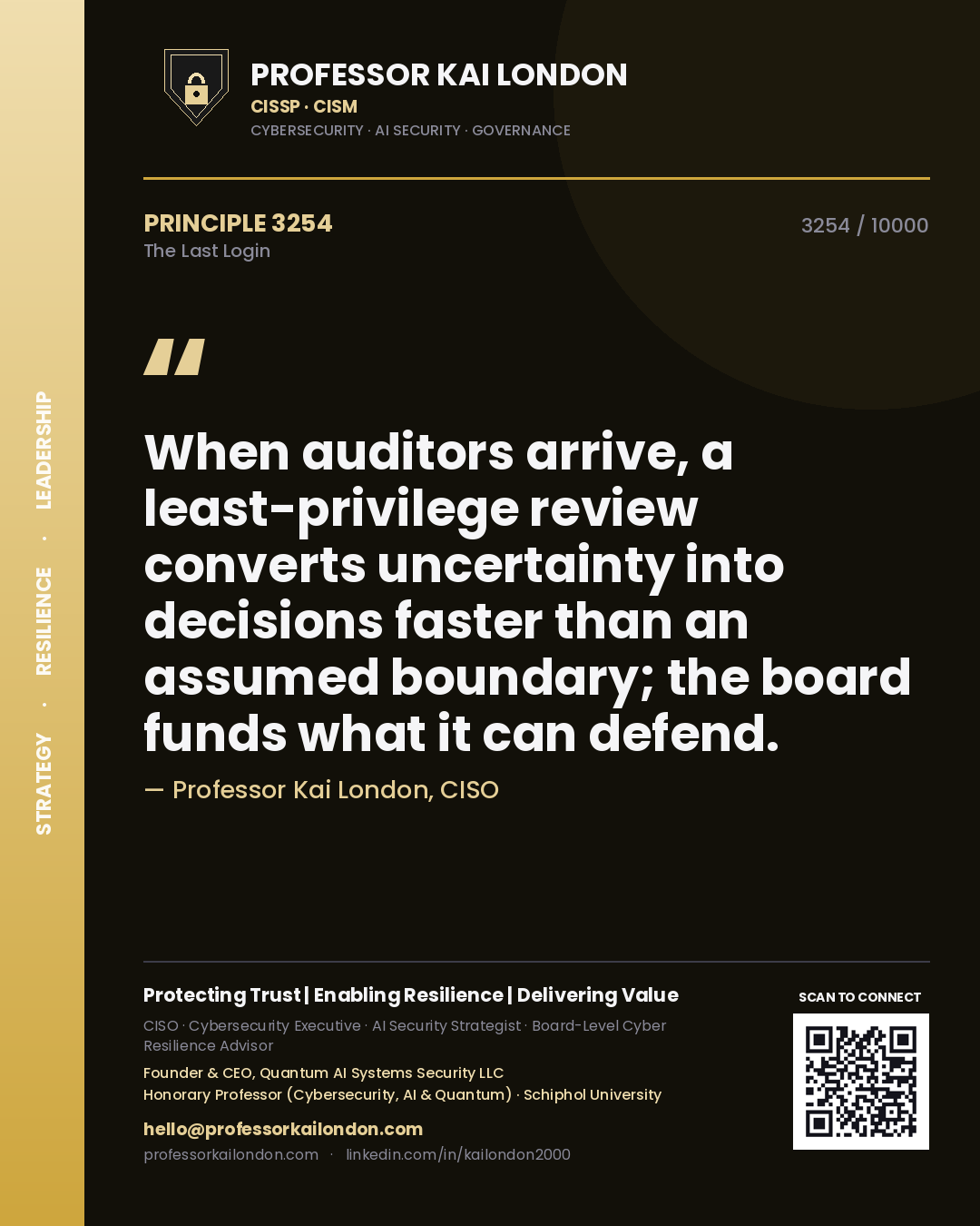 Quote card by Professor Kai London reading 'When auditors arrive, a least-privilege review converts uncertainty into decisions faster than an assumed boundary; the board funds what it can defend.'. From the book The Last Login.