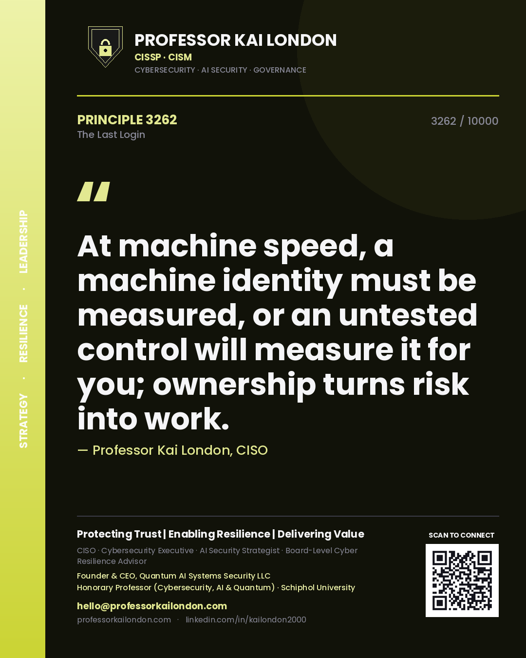 Quote card by Professor Kai London reading 'At machine speed, a machine identity must be measured, or an untested control will measure it for you; ownership turns risk into work.'. From the book The Last Login.