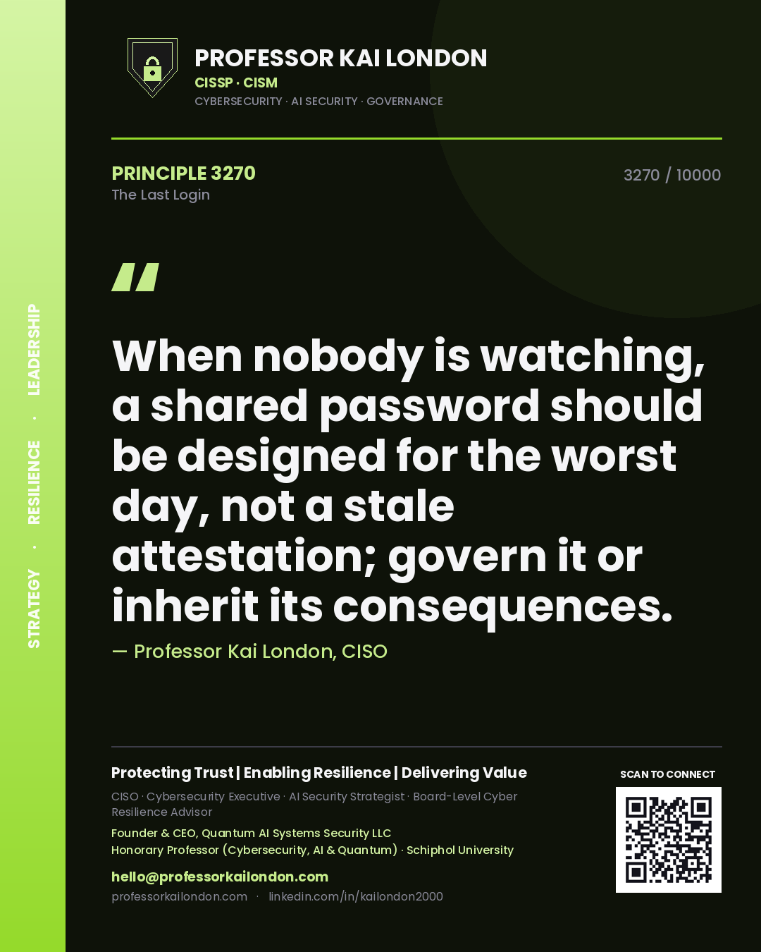 Professor Kai London principle 3270: When nobody is watching, a shared password should be designed for the worst day, not a stale attestation; govern it or inherit its consequences.