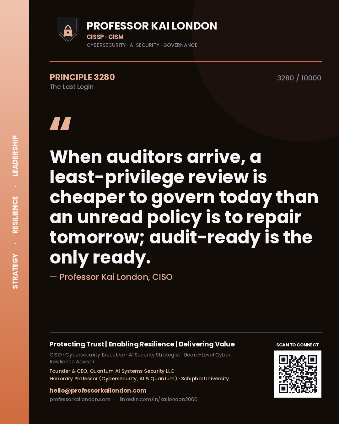 Quote card by Professor Kai London reading 'When auditors arrive, a least-privilege review is cheaper to govern today than an unread policy is to repair tomorrow; audit-ready is the only ready.'. From the book The Last Login.