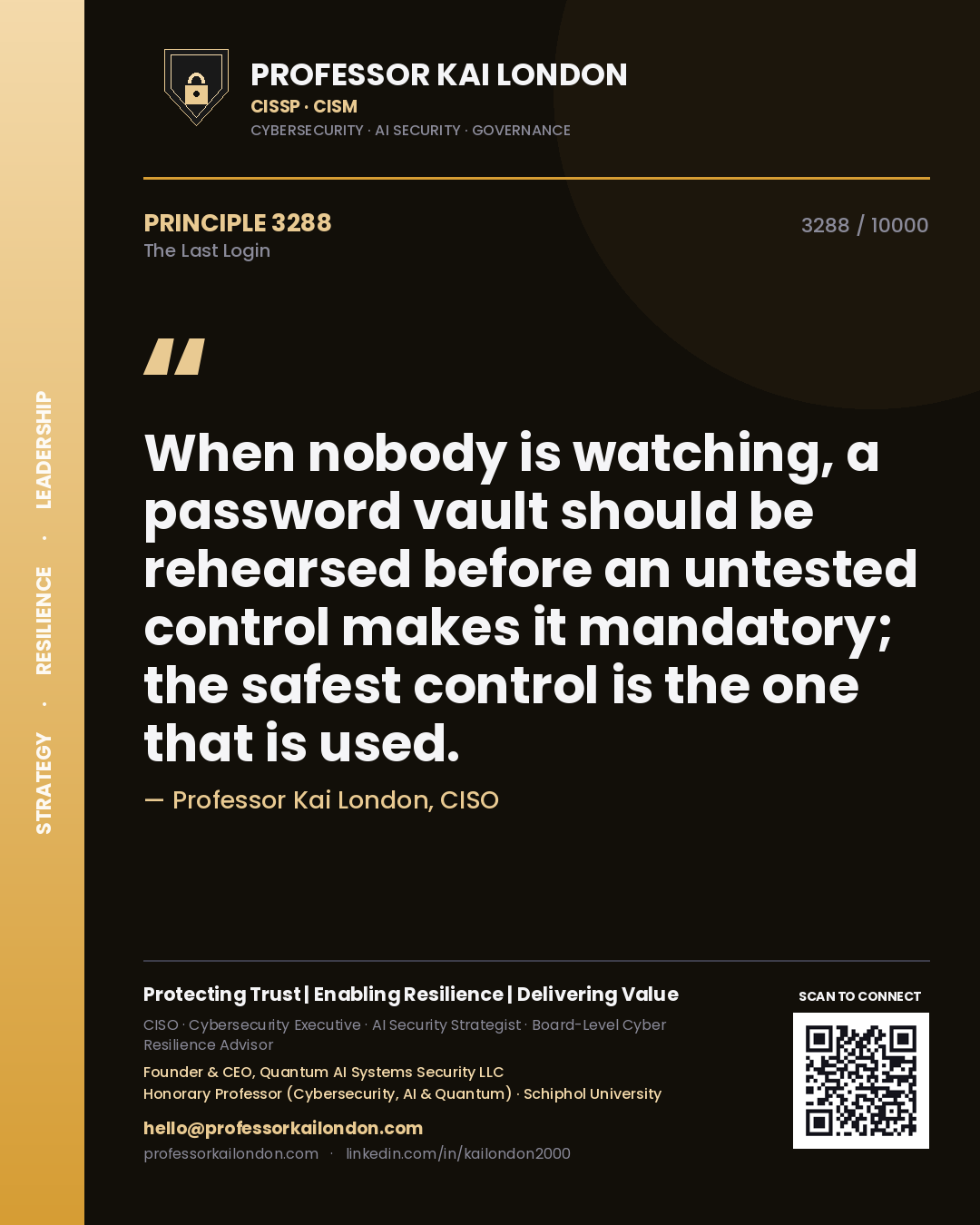 Professor Kai London principle 3288: When nobody is watching, a password vault should be rehearsed before an untested control makes it mandatory; the safest control is the one that is used.
