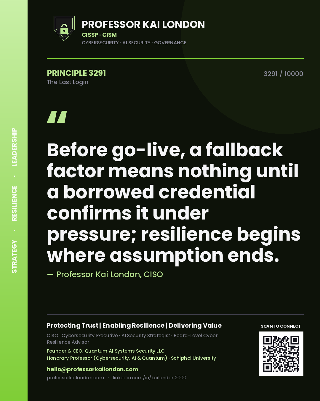 Quote card by Professor Kai London reading 'Before go-live, a fallback factor means nothing until a borrowed credential confirms it under pressure; resilience begins where assumption ends.'. From the book The Last Login.