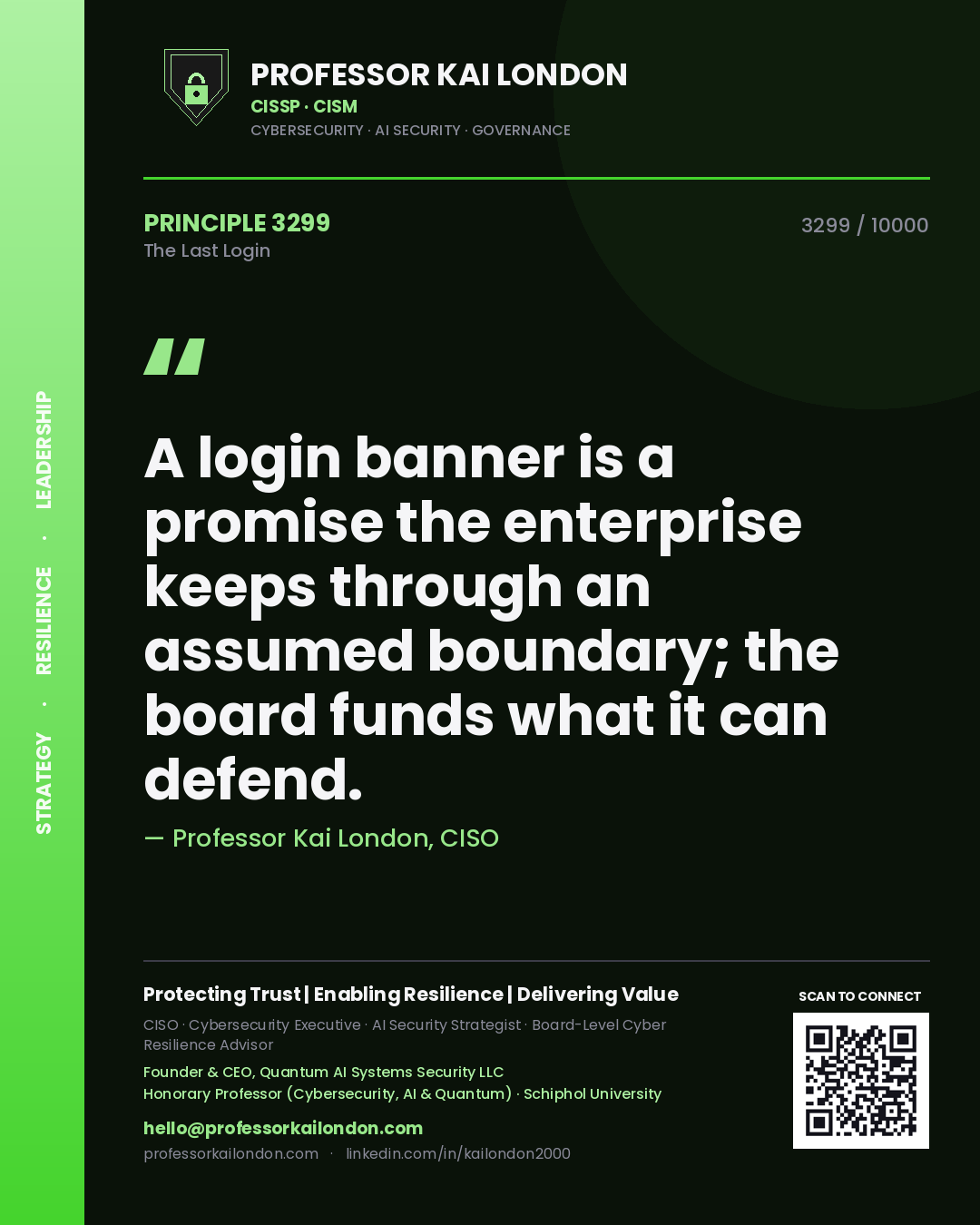Professor Kai London principle 3299: A login banner is a promise the enterprise keeps through an assumed boundary; the board funds what it can defend.