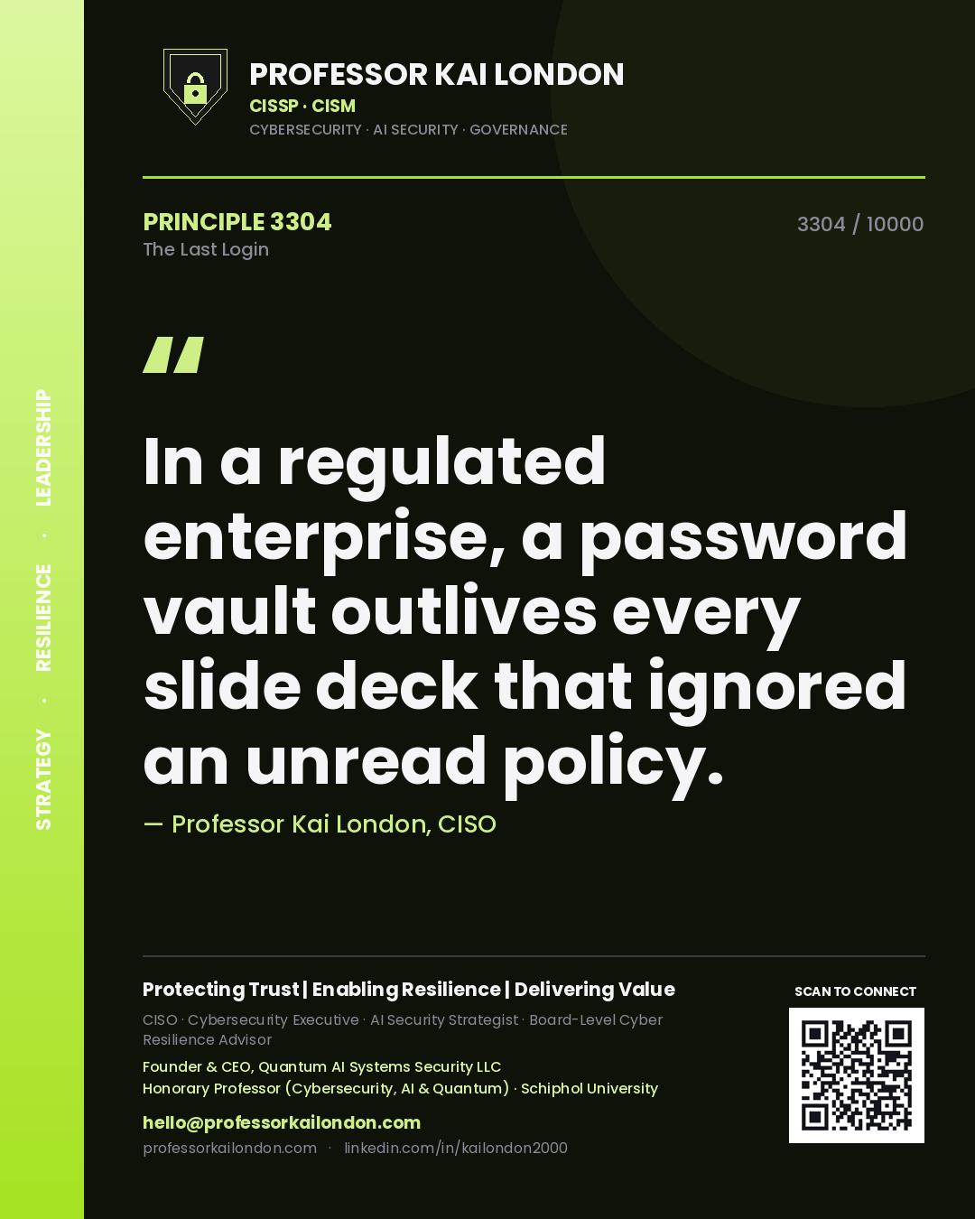 Professor Kai London principle 3304: In a regulated enterprise, a password vault outlives every slide deck that ignored an unread policy.