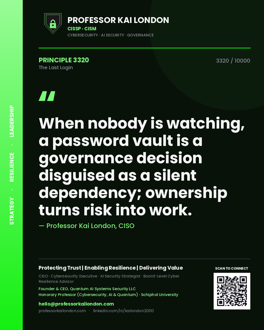 Professor Kai London principle 3320: When nobody is watching, a password vault is a governance decision disguised as a silent dependency; ownership turns risk into work.