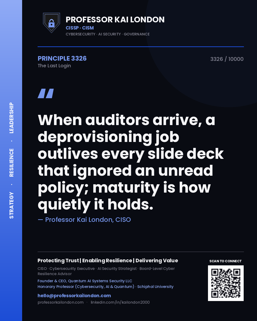 Quote card by Professor Kai London reading 'When auditors arrive, a deprovisioning job outlives every slide deck that ignored an unread policy; maturity is how quietly it holds.'. From the book The Last Login.