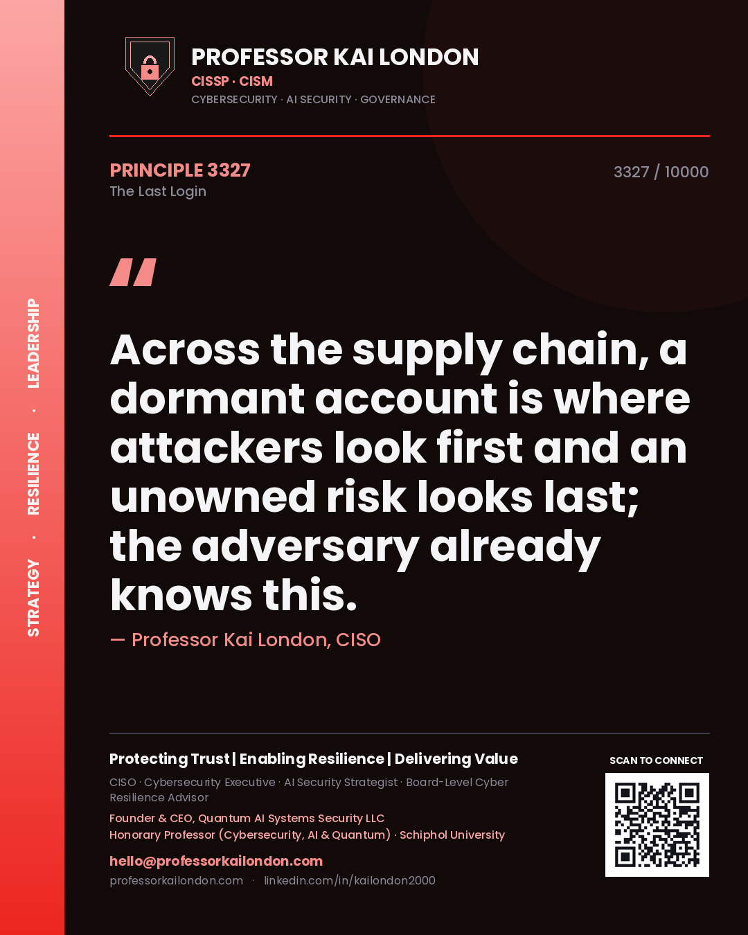 Quote card by Professor Kai London reading 'Across the supply chain, a dormant account is where attackers look first and an unowned risk looks last; the adversary already knows this.'. From the book The Last Login.