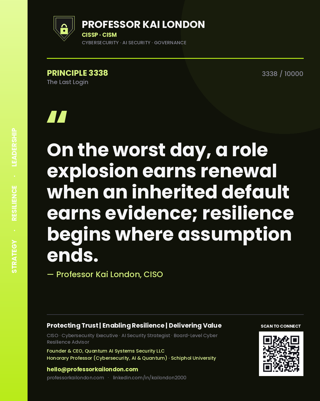 Quote card by Professor Kai London reading 'On the worst day, a role explosion earns renewal when an inherited default earns evidence; resilience begins where assumption ends.'. From the book The Last Login.