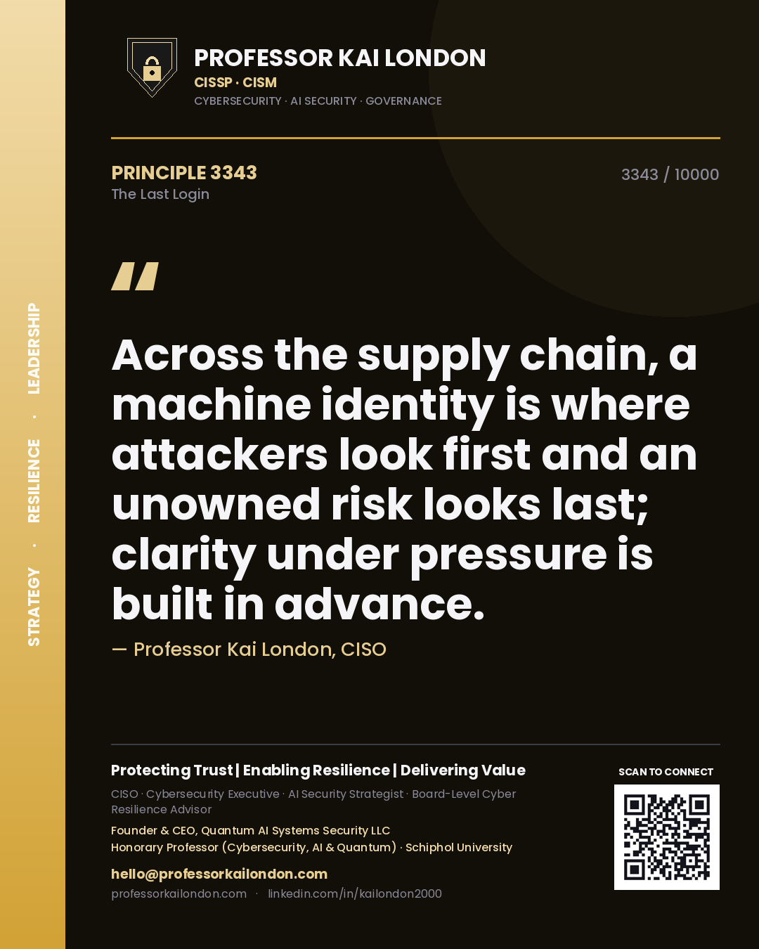 Quote card by Professor Kai London reading 'Across the supply chain, a machine identity is where attackers look first and an unowned risk looks last; clarity under pressure is built in advance.'. From the book The Last Login.