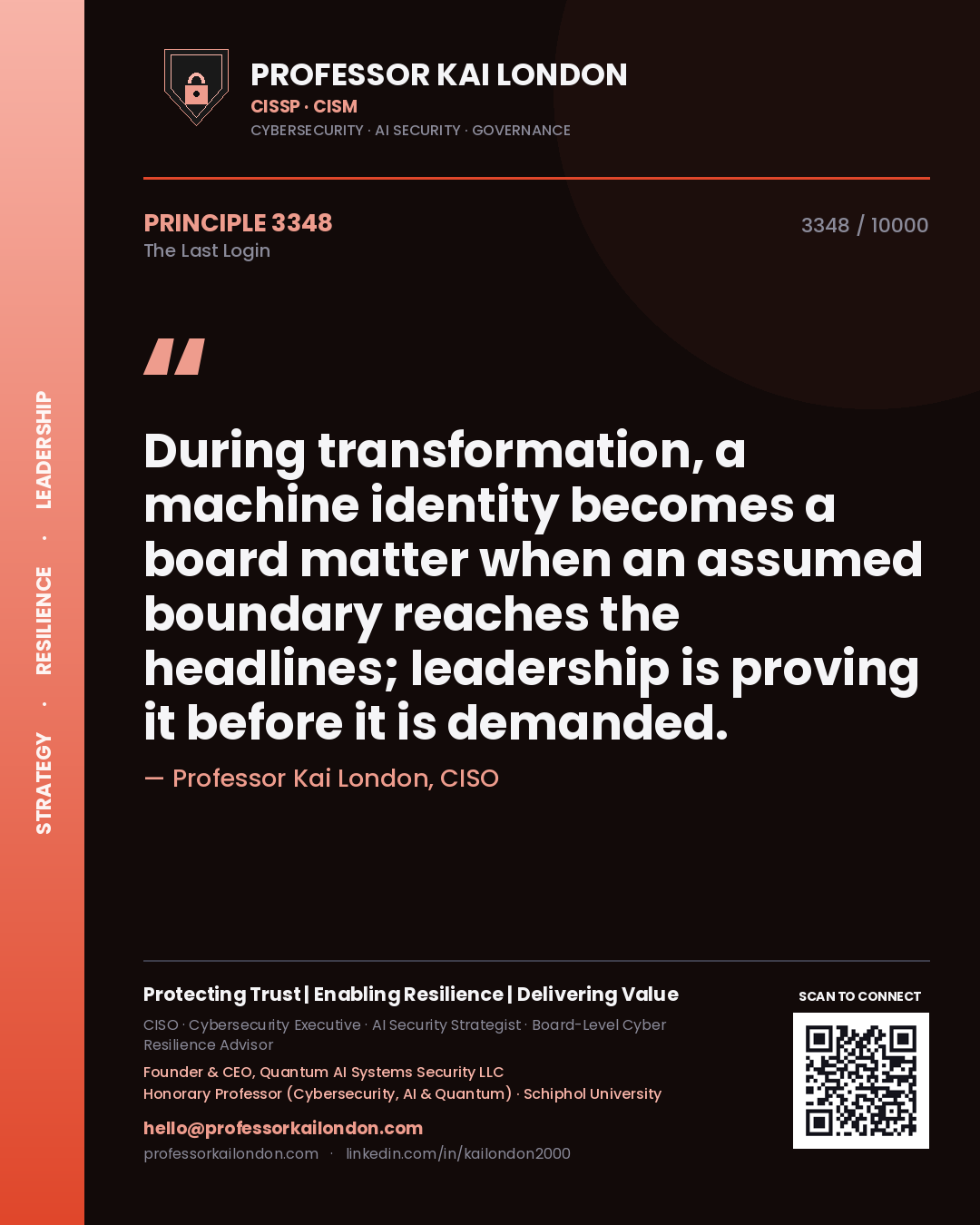 Quote card by Professor Kai London reading 'During transformation, a machine identity becomes a board matter when an assumed boundary reaches the headlines; leadership is proving it before it is demanded.'. From the book The Last Login.