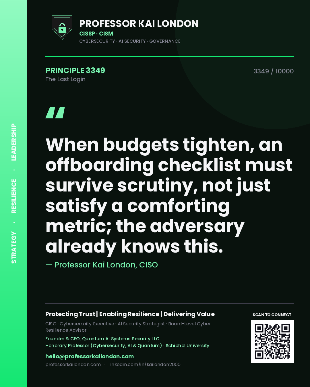 Professor Kai London principle 3349: When budgets tighten, an offboarding checklist must survive scrutiny, not just satisfy a comforting metric; the adversary already knows this.