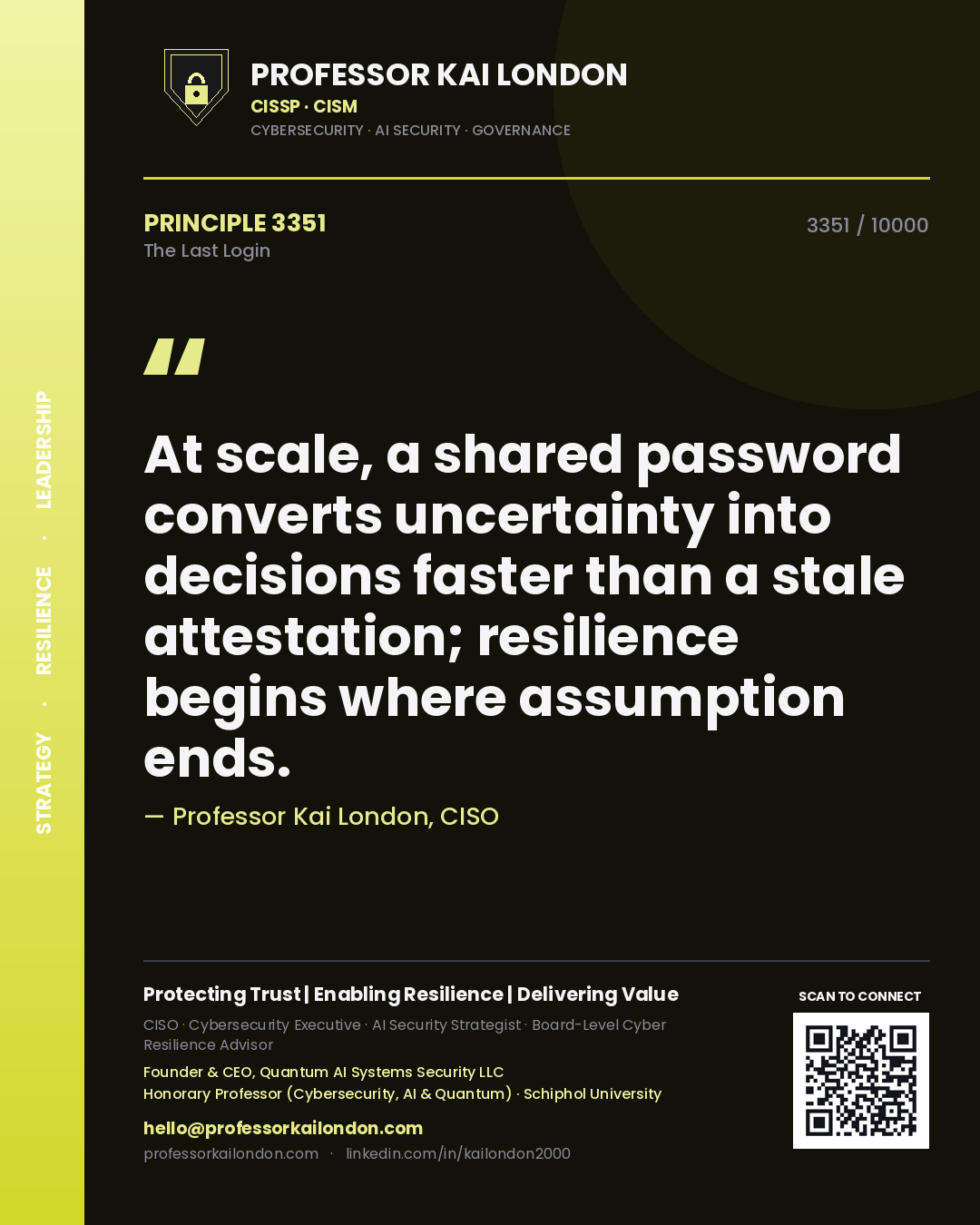 Professor Kai London principle 3351: At scale, a shared password converts uncertainty into decisions faster than a stale attestation; resilience begins where assumption ends.
