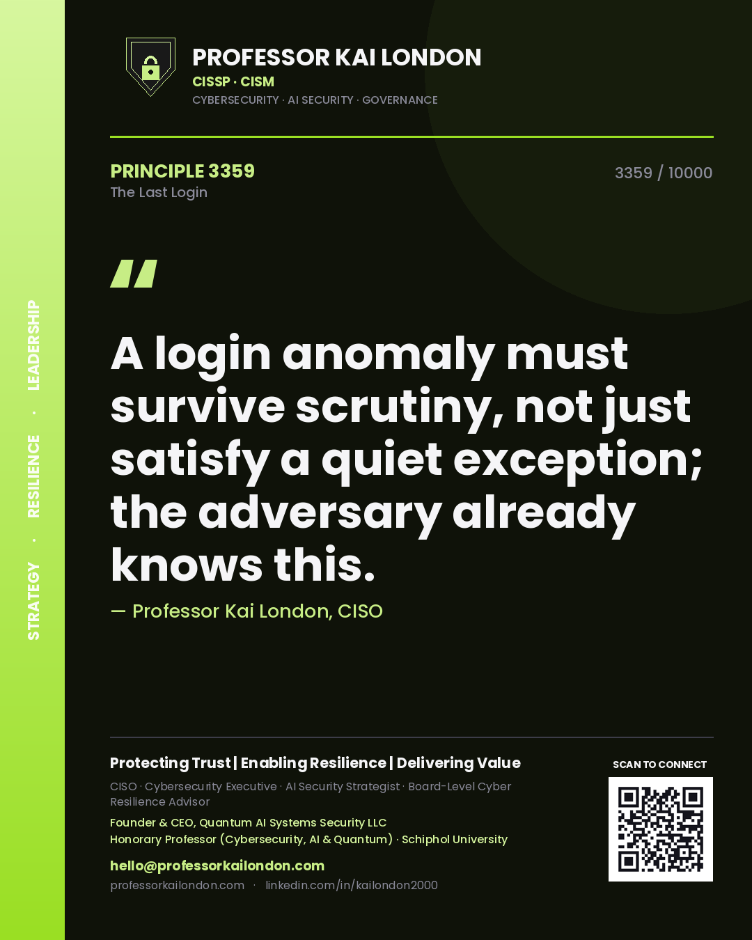 Professor Kai London principle 3359: A login anomaly must survive scrutiny, not just satisfy a quiet exception; the adversary already knows this.