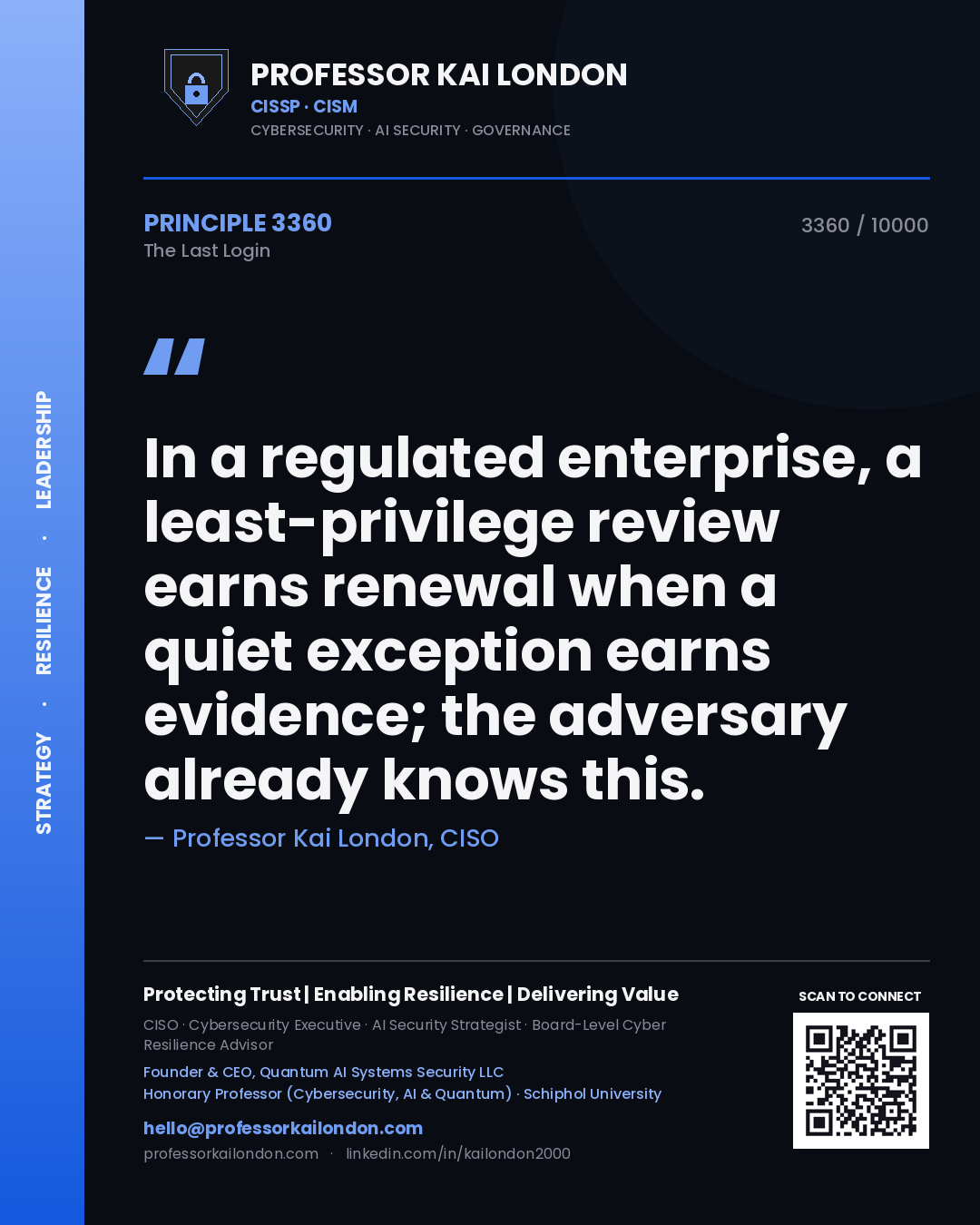 Professor Kai London principle 3360: In a regulated enterprise, a least-privilege review earns renewal when a quiet exception earns evidence; the adversary already knows this.