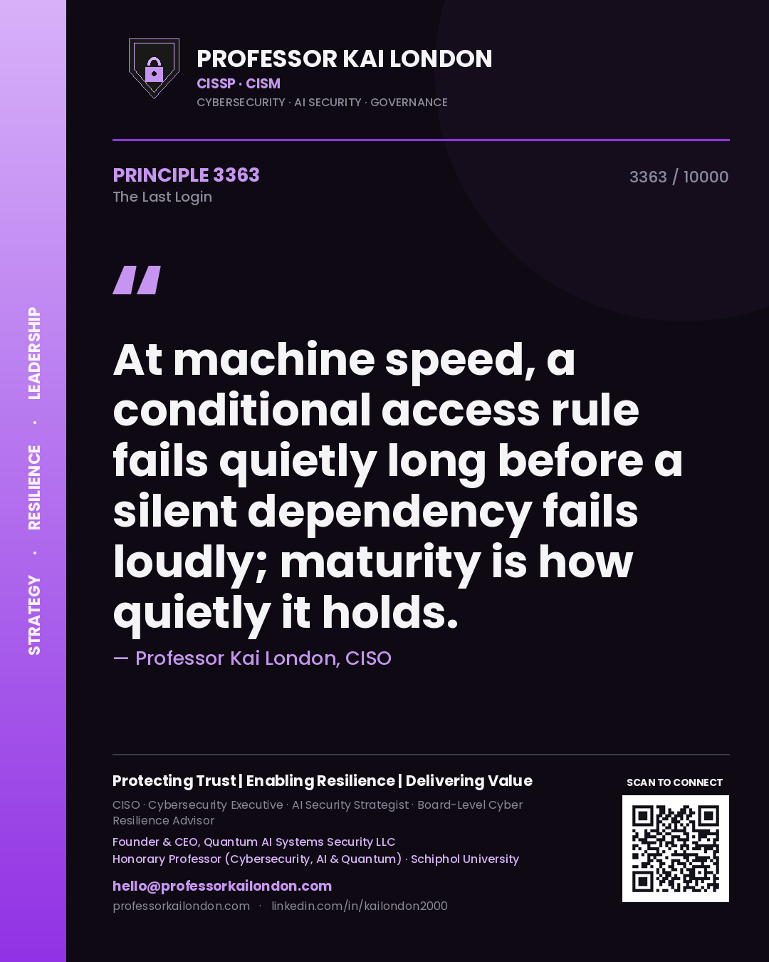 Quote card by Professor Kai London reading 'At machine speed, a conditional access rule fails quietly long before a silent dependency fails loudly; maturity is how quietly it holds.'. From the book The Last Login.