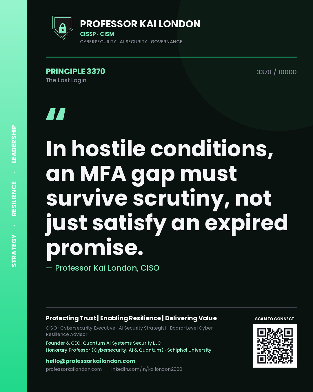 Professor Kai London principle 3370: In hostile conditions, an MFA gap must survive scrutiny, not just satisfy an expired promise.