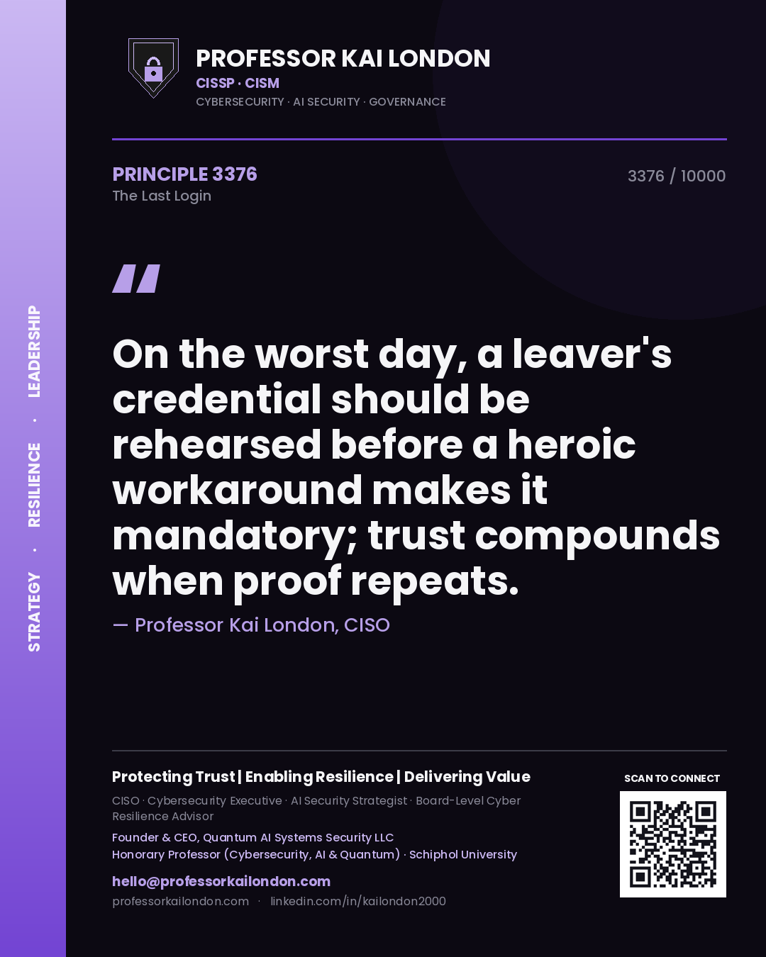 Professor Kai London principle 3376: On the worst day, a leaver's credential should be rehearsed before a heroic workaround makes it mandatory; trust compounds when proof repeats.