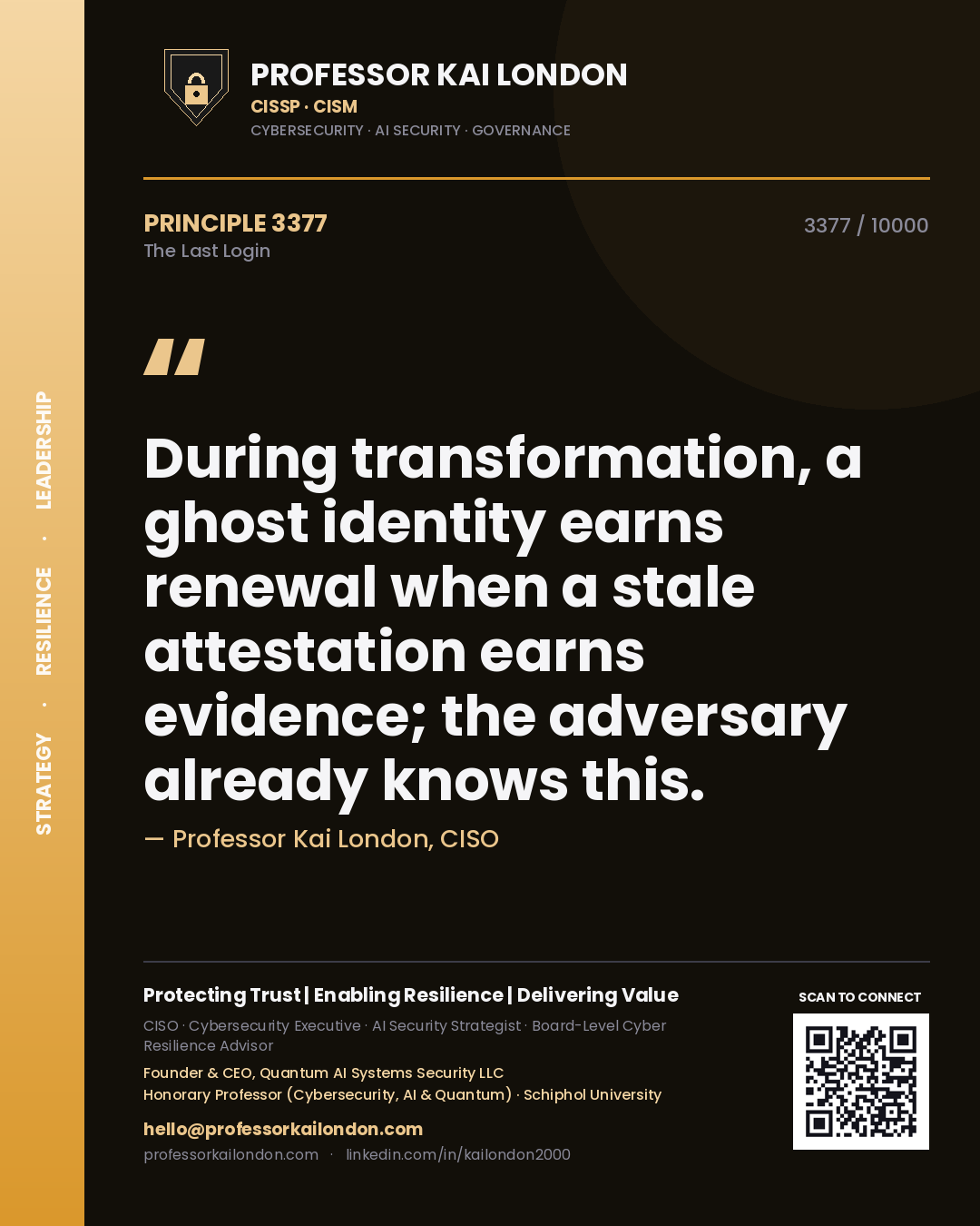 Quote card by Professor Kai London reading 'During transformation, a ghost identity earns renewal when a stale attestation earns evidence; the adversary already knows this.'. From the book The Last Login.