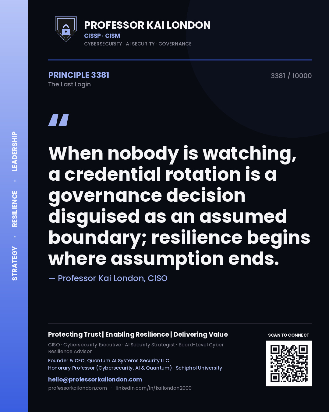Quote card by Professor Kai London reading 'When nobody is watching, a credential rotation is a governance decision disguised as an assumed boundary; resilience begins where assumption ends.'. From the book The Last Login.