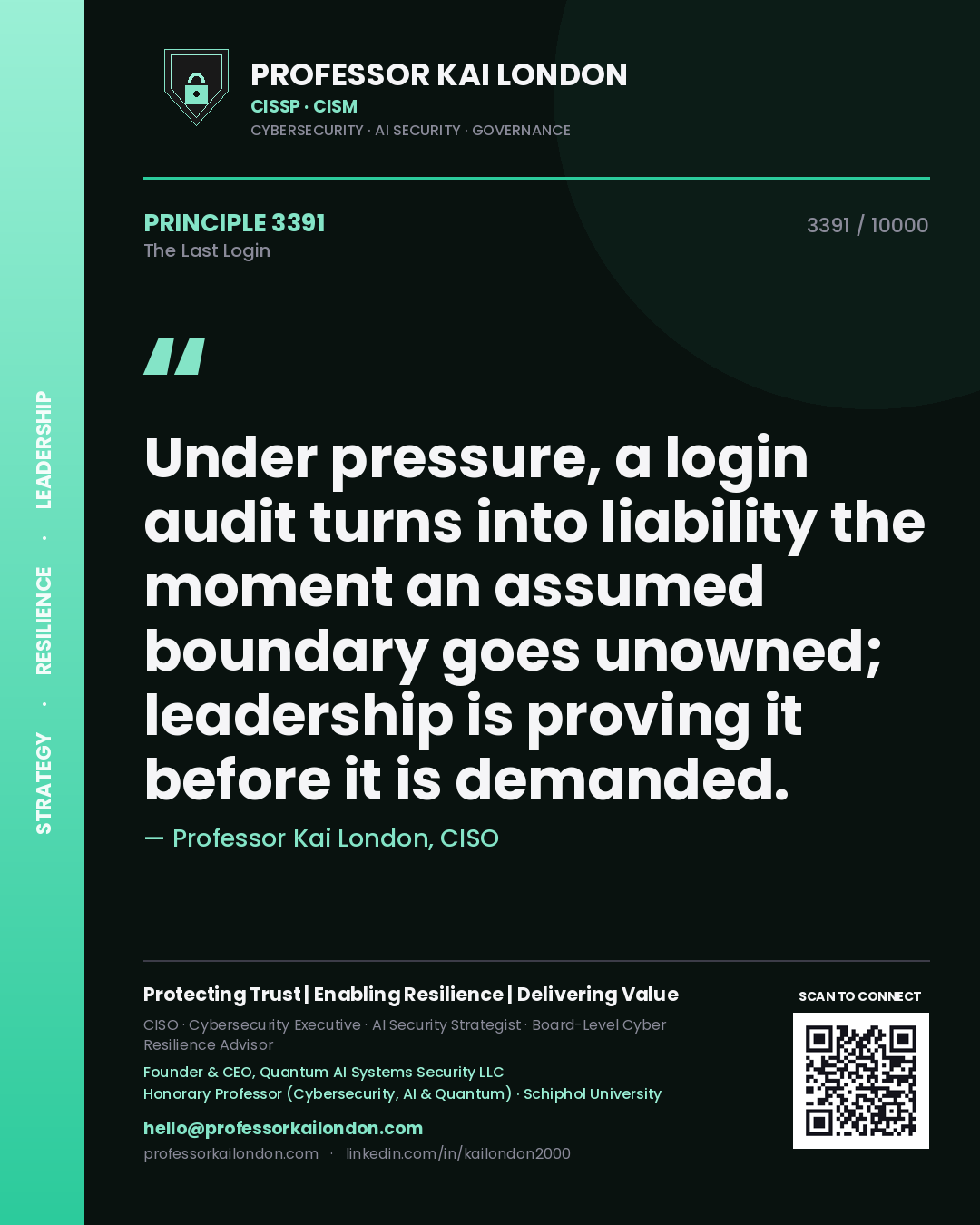 Quote card by Professor Kai London reading 'Under pressure, a login audit turns into liability the moment an assumed boundary goes unowned; leadership is proving it before it is demanded.'. From the book The Last Login.