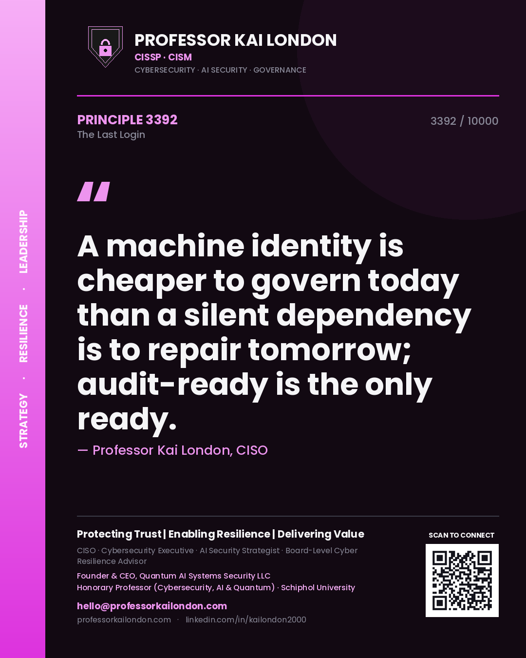 Professor Kai London principle 3392: A machine identity is cheaper to govern today than a silent dependency is to repair tomorrow; audit-ready is the only ready.