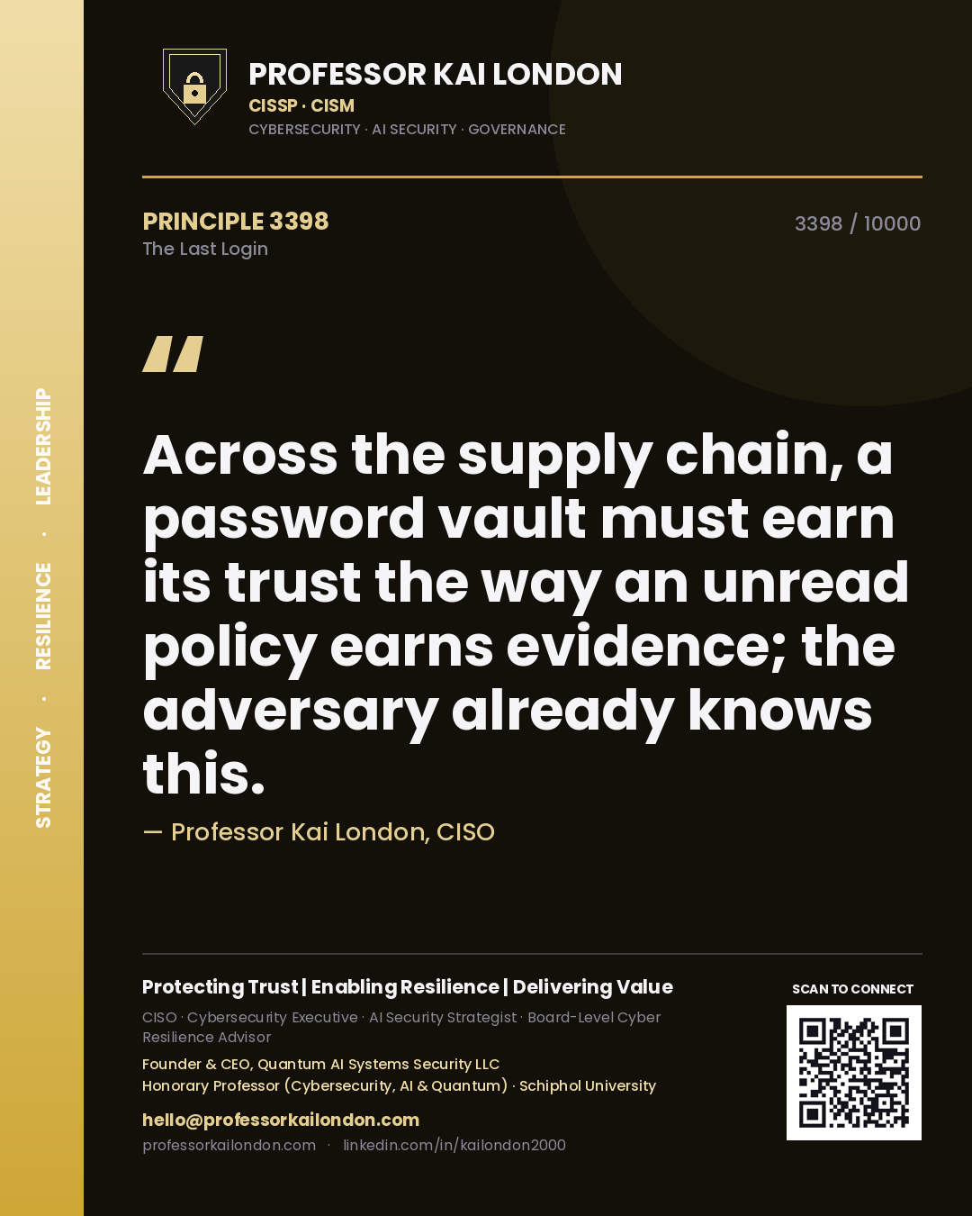 Quote card by Professor Kai London reading 'Across the supply chain, a password vault must earn its trust the way an unread policy earns evidence; the adversary already knows this.'. From the book The Last Login.