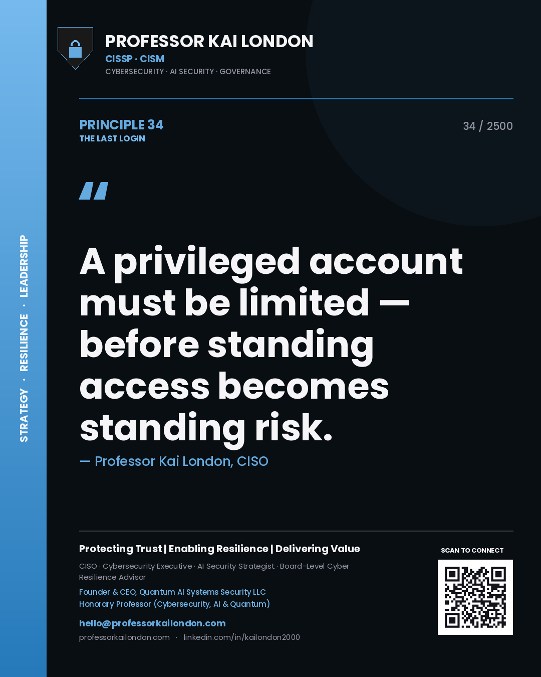 Quote card by Professor Kai London reading 'A privileged account must be limited — before standing access becomes standing risk.'. From the book The Last Login.