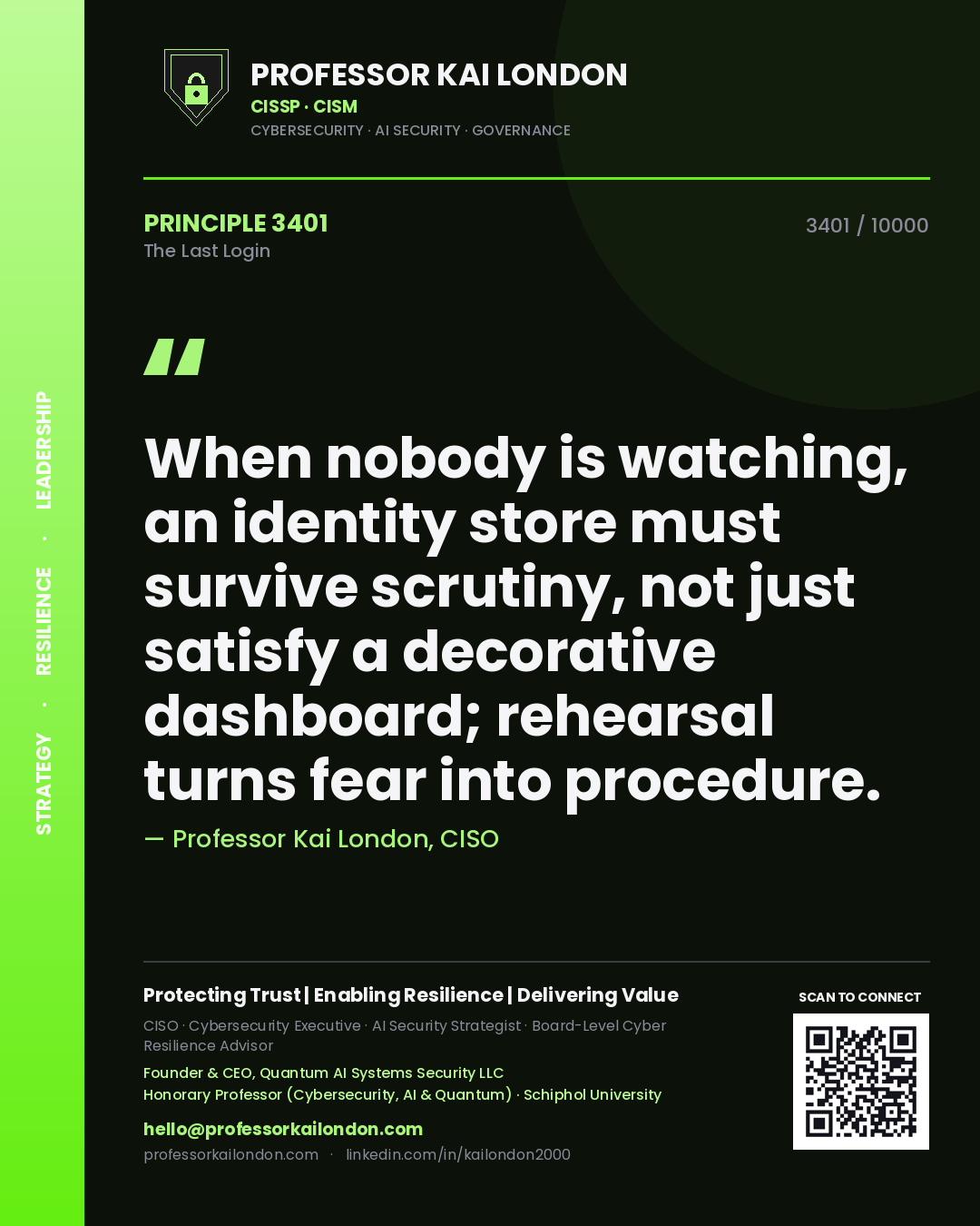 Quote card by Professor Kai London reading 'When nobody is watching, an identity store must survive scrutiny, not just satisfy a decorative dashboard; rehearsal turns fear into procedure.'. From the book The Last Login.