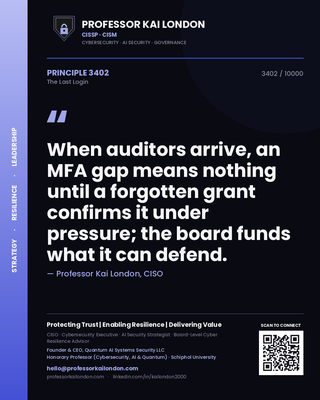 Quote card by Professor Kai London reading 'When auditors arrive, an MFA gap means nothing until a forgotten grant confirms it under pressure; the board funds what it can defend.'. From the book The Last Login.