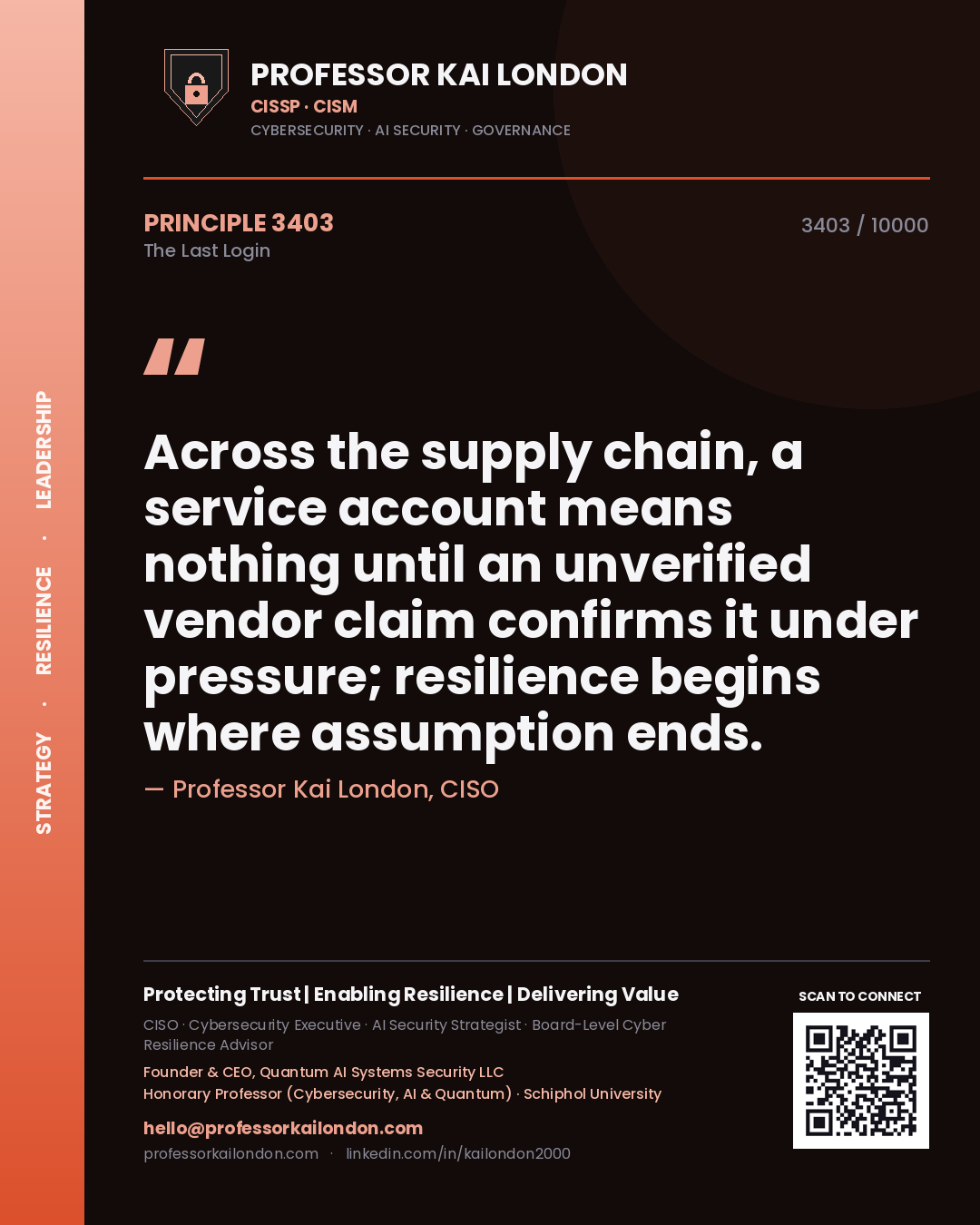 Professor Kai London principle 3403: Across the supply chain, a service account means nothing until an unverified vendor claim confirms it under pressure; resilience begins where assumption ends.