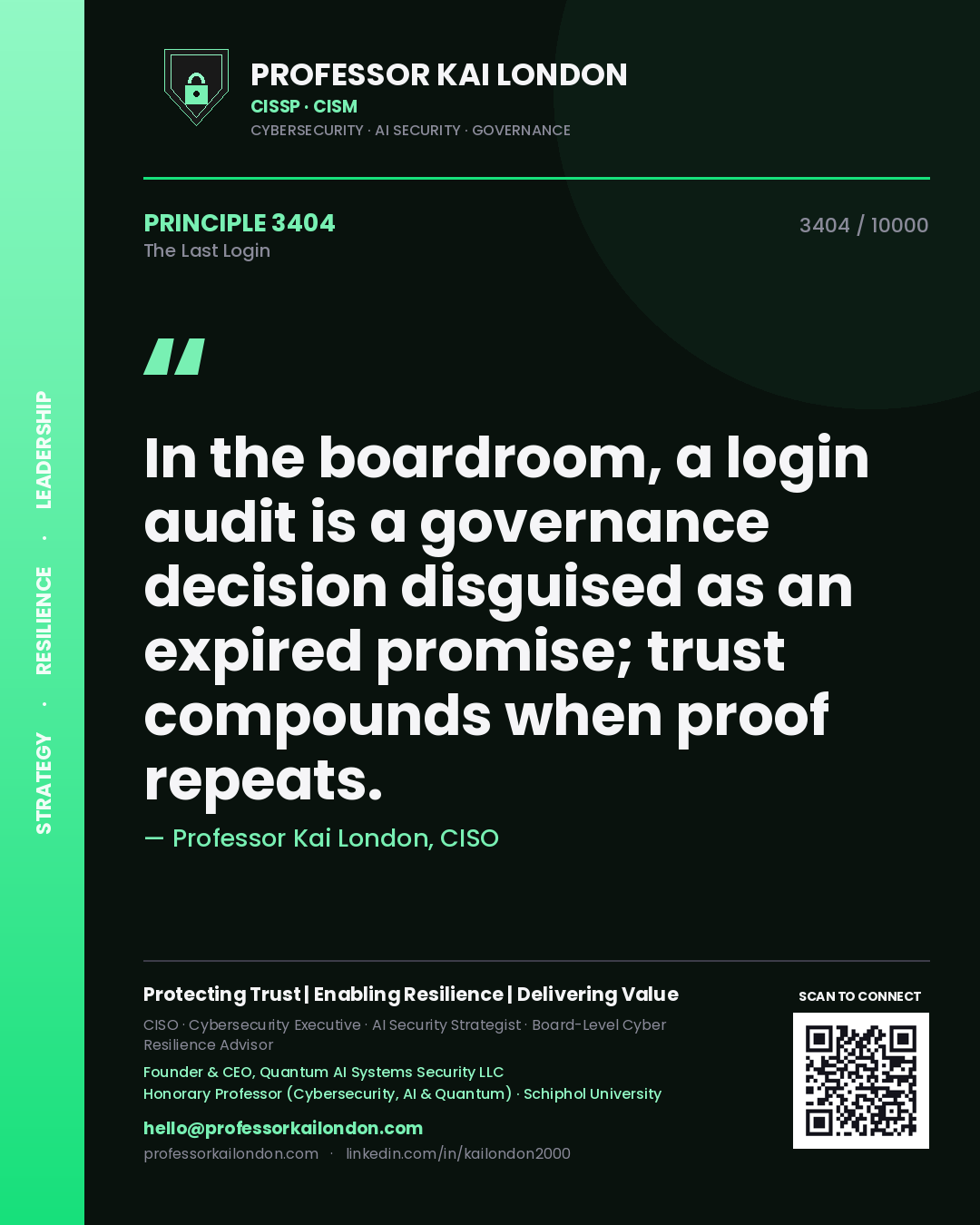 Quote card by Professor Kai London reading 'In the boardroom, a login audit is a governance decision disguised as an expired promise; trust compounds when proof repeats.'. From the book The Last Login.