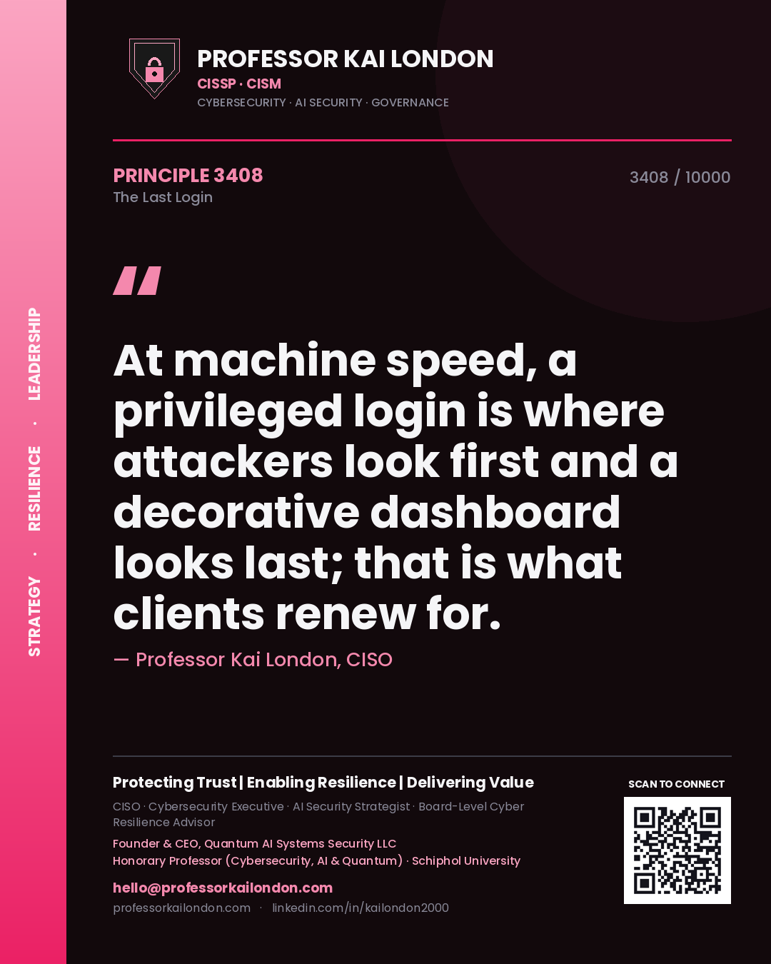 Quote card by Professor Kai London reading 'At machine speed, a privileged login is where attackers look first and a decorative dashboard looks last; that is what clients renew for.'. From the book The Last Login.