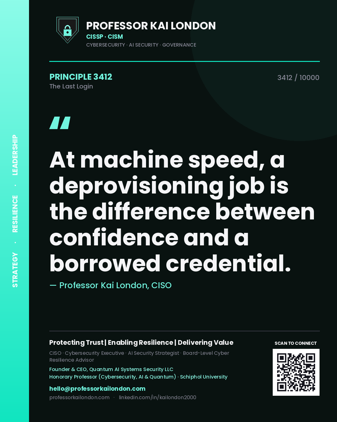 Quote card by Professor Kai London reading 'At machine speed, a deprovisioning job is the difference between confidence and a borrowed credential.'. From the book The Last Login.