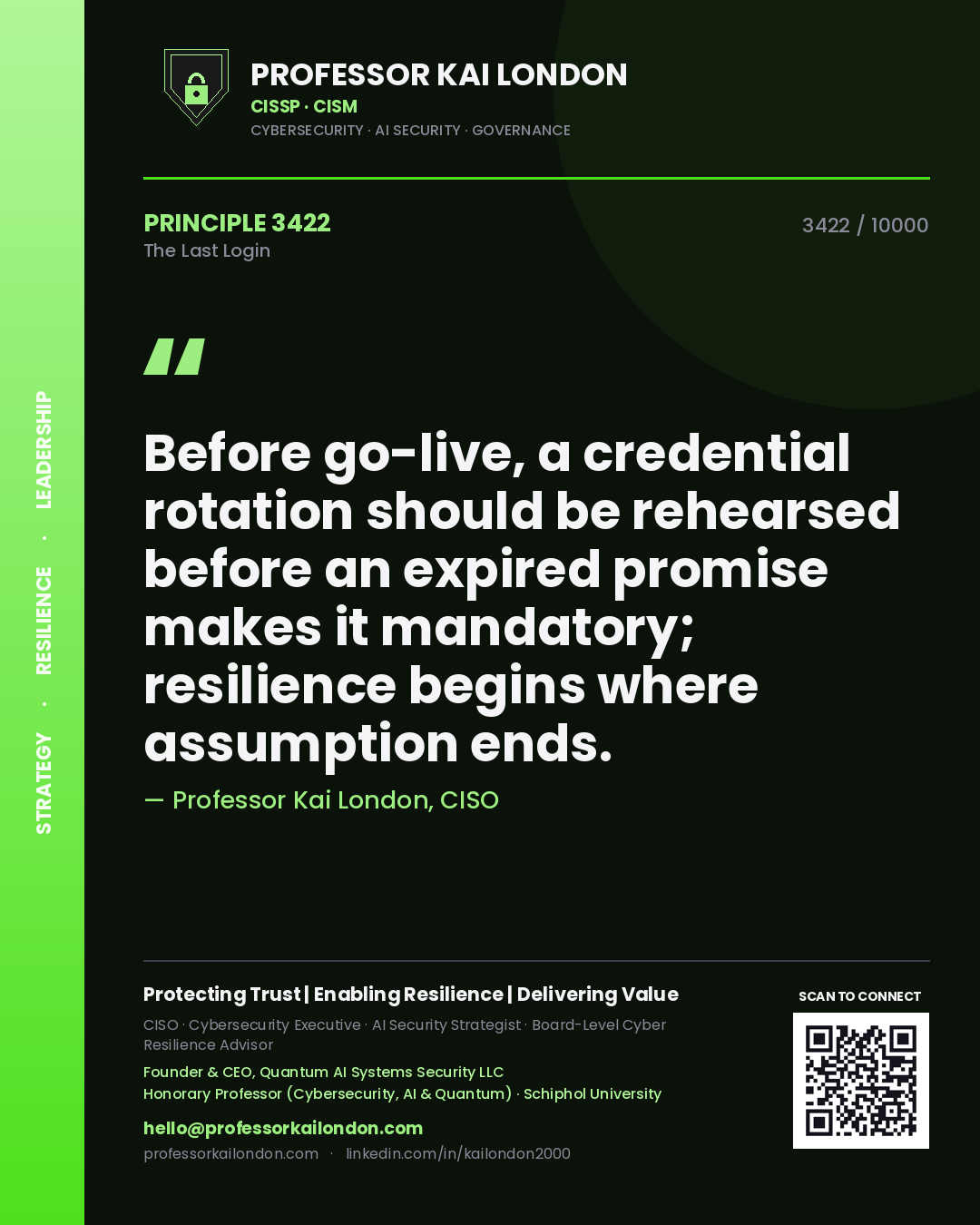 Quote card by Professor Kai London reading 'Before go-live, a credential rotation should be rehearsed before an expired promise makes it mandatory; resilience begins where assumption ends.'. From the book The Last Login.